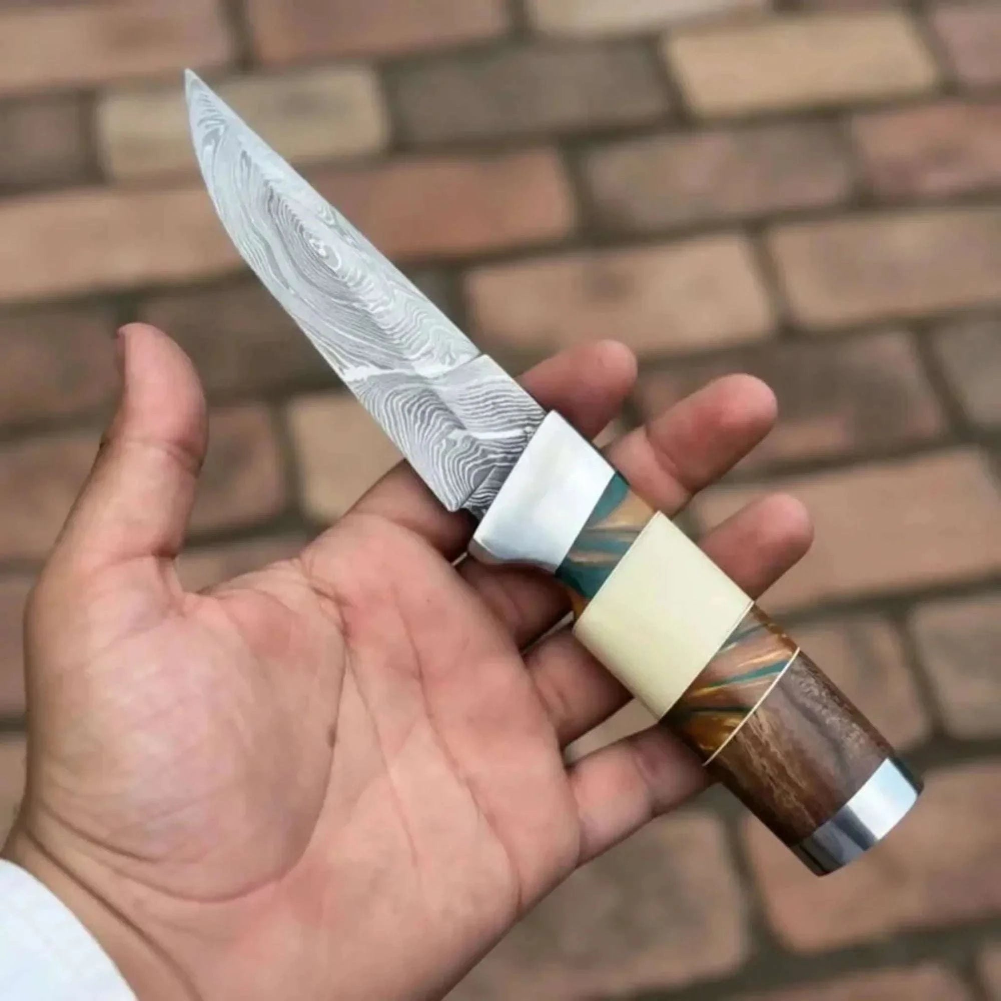 Palmarius Outdoors Hunting Knife 4.5” Damascus Steel Straight Back Blade Hybrid Wood Resin Handle Viking-Inspired 