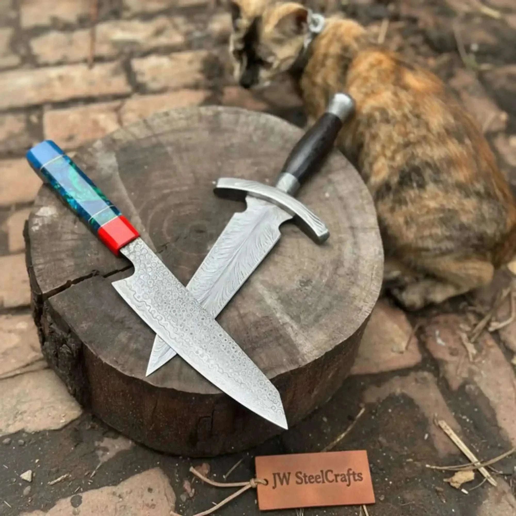 Palmarius Outdoors Damascus Kiritsuke & Dagger Knife Set Fixed Blade Resin and Wooden Handle Japanese European Style 