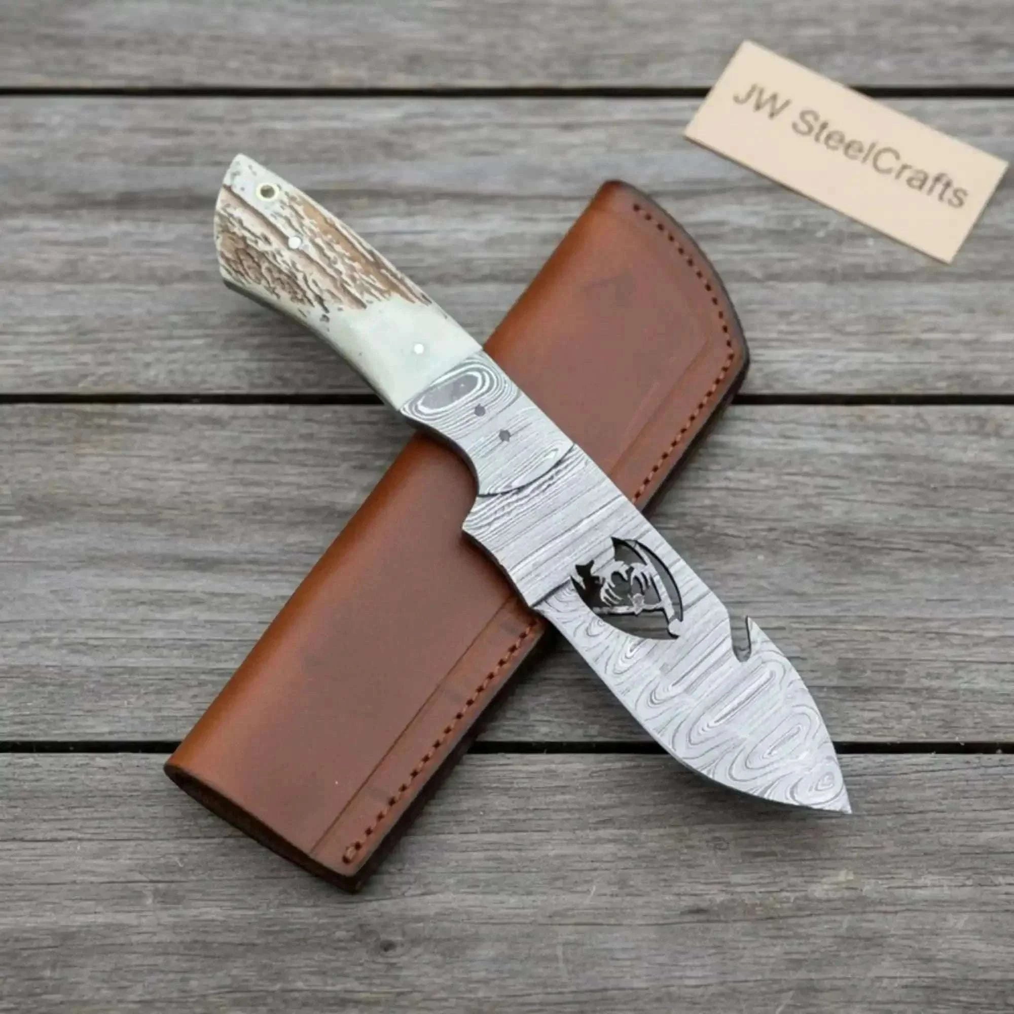 Palmarius Outdoors Damascus Gut Hook Hunting Knife Fixed Blade Synthetic Stag Handle with Leather Sheath 