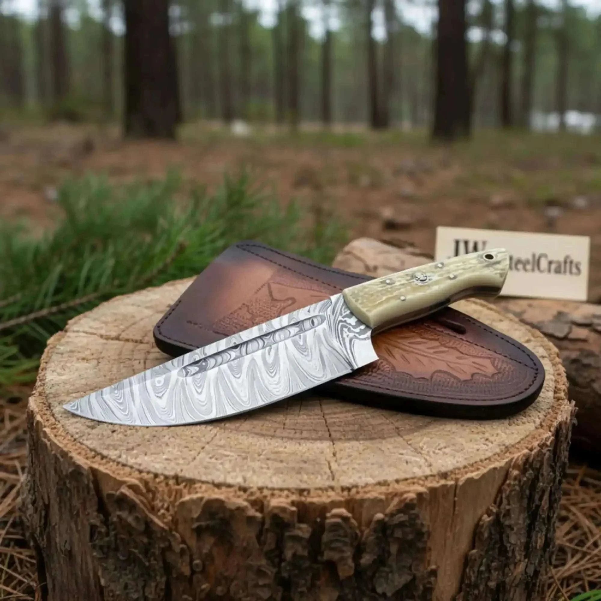 Palmarius Outdoors Handmade Damascus Skinner Knife Nessmuk Style Fixed Blade Synthetic Stag Handle 