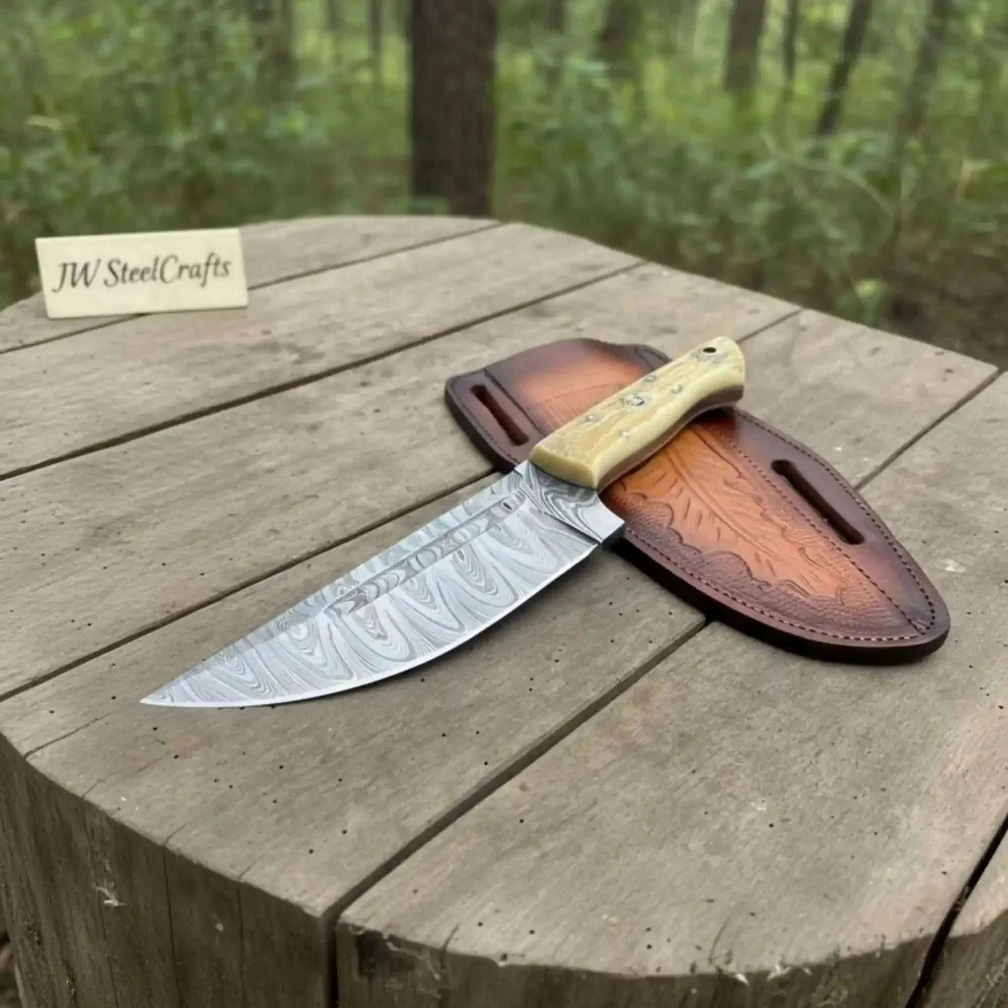 Palmarius Outdoors Handmade Damascus Skinner Knife Nessmuk Style Fixed Blade Synthetic Stag Handle 