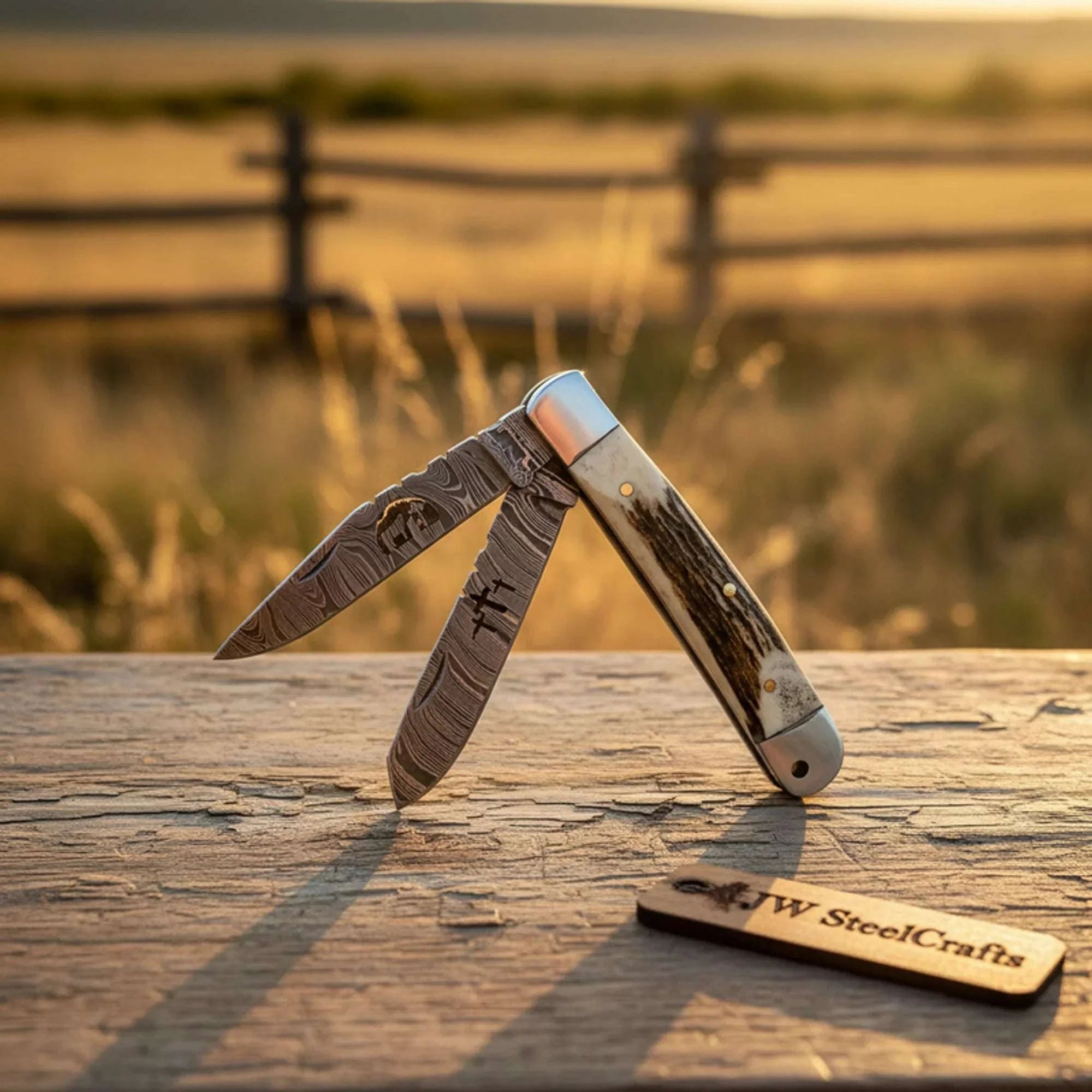 Palmarius Outdoors Dual-Blade Stag Slipjoint Folder knife Stag Horn Handle, Steel Bolster, Engraved Sheath Trapper Knives