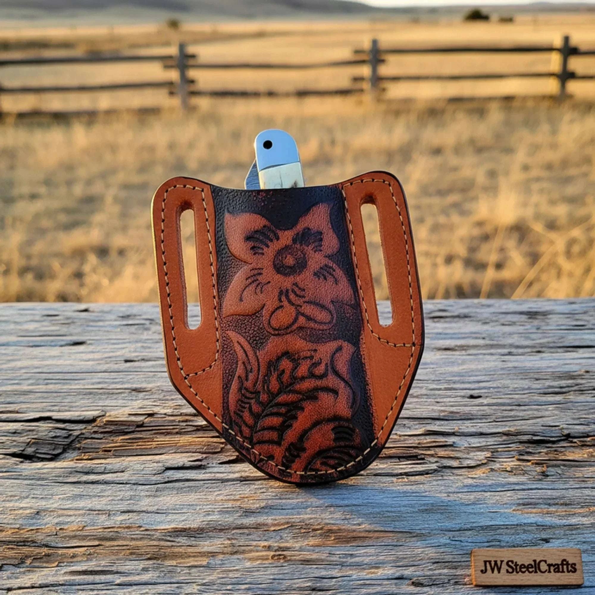 Palmarius Outdoors Dual-Blade Stag Slipjoint Folder knife Stag Horn Handle, Steel Bolster, Engraved Sheath Trapper Knives