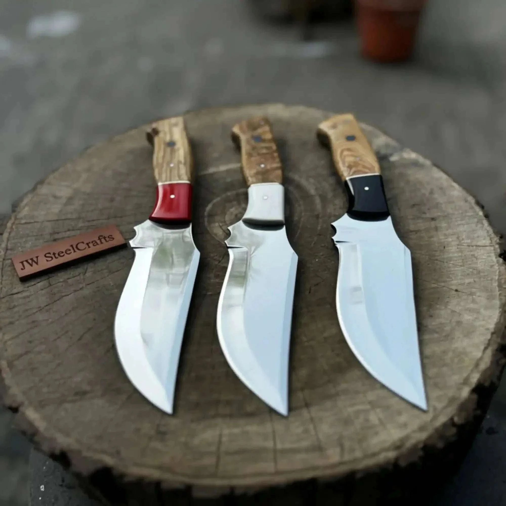 Palmarius Outdoors Handmade Recurve Hunting Knife Set of 3-Piece Damascus Blades with Resin & Wood Handles 