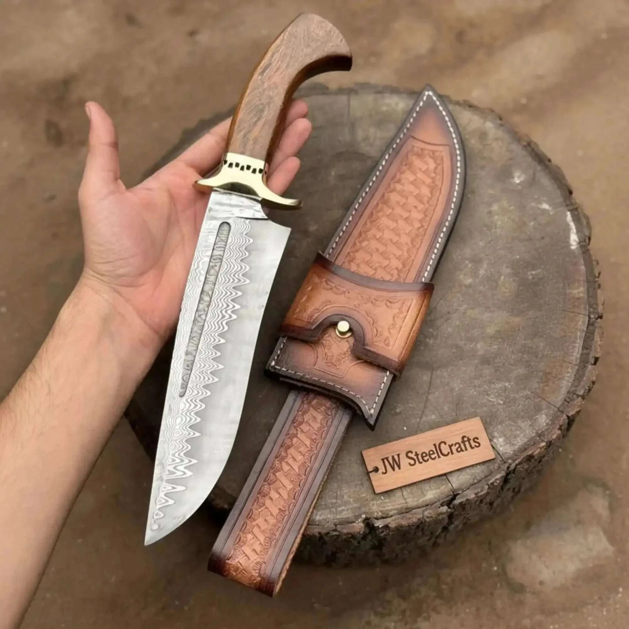 Palmarius Outdoors Handmade San Mai Damascus Bowie Knife 9-Inch Laminated Blade with Rosewood Handle 