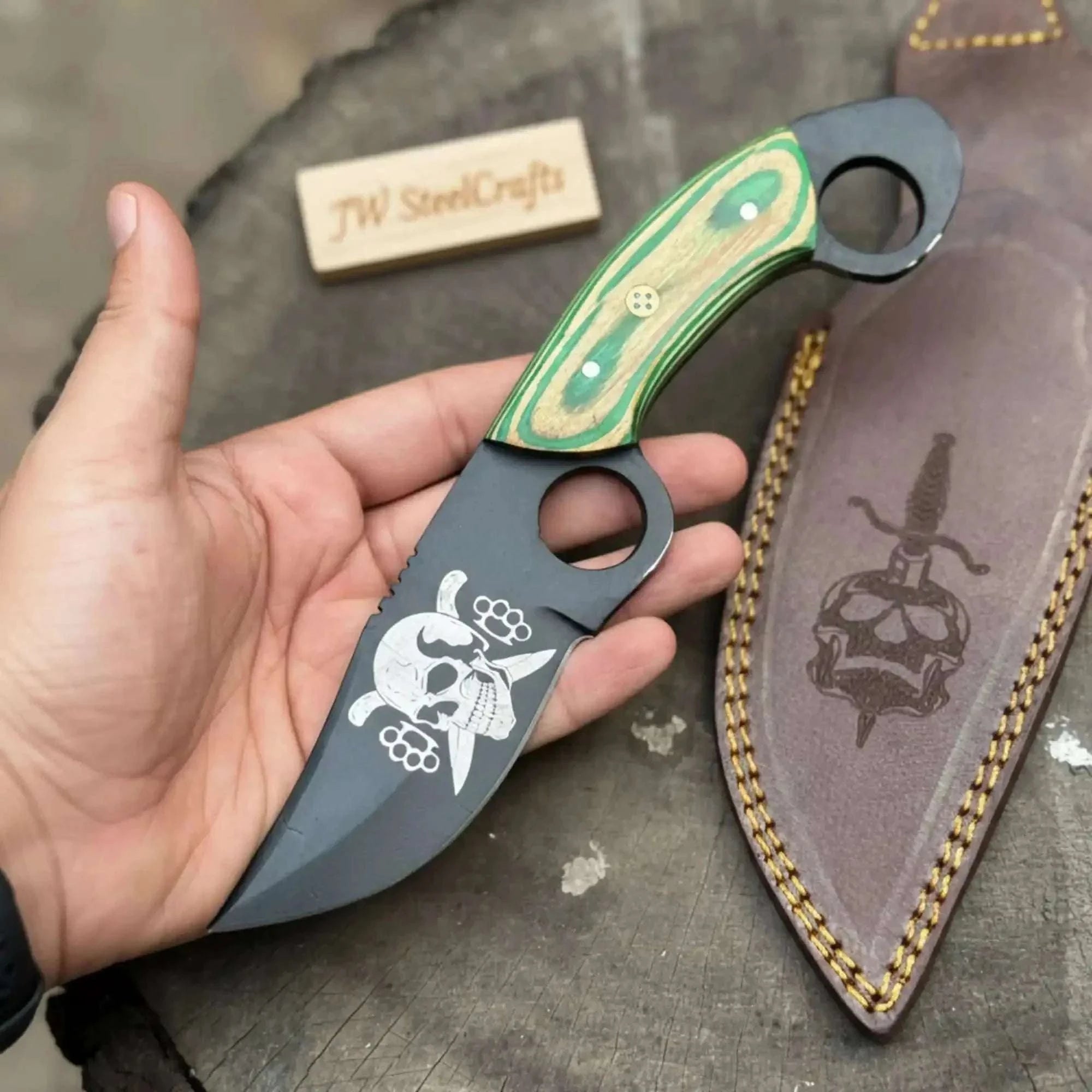 Palmarius Outdoors Handmade Karambit Utility Knife 7.5-Inch Curved Blade with Green Pakka Wood Handle Karambit Knife