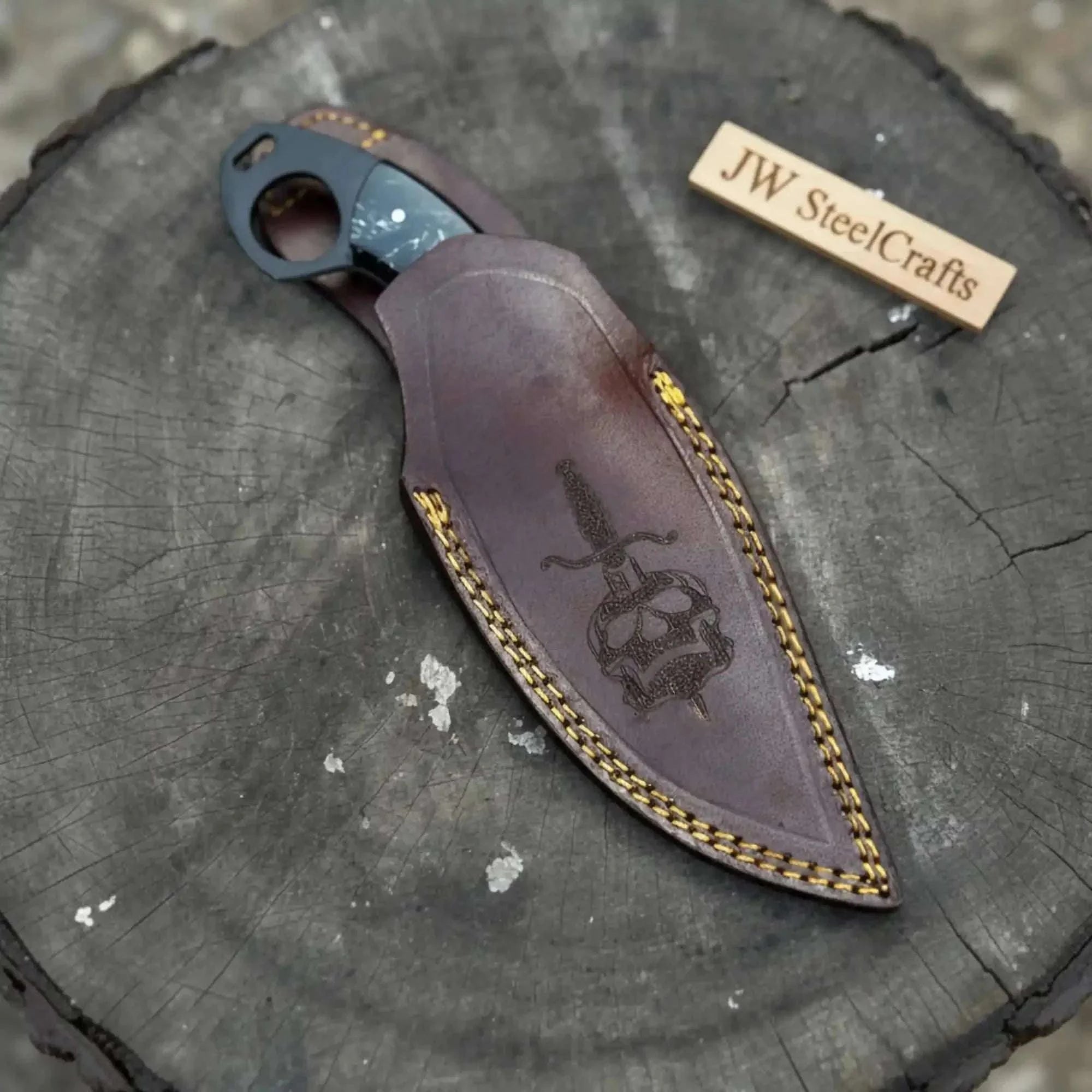 Palmarius Outdoors Handmade Compact Utility Ring Knife 8-Inch Skull-Etched Blade with Black Resin Handle 