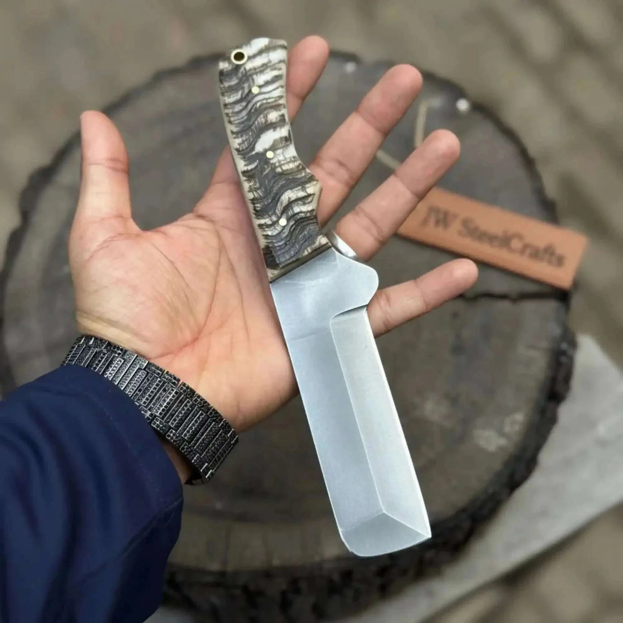 Palmarius Outdoors Handmade Western Ranch Utility Knife Full Tang Cowboy Knife with Acid-Washed Blade 