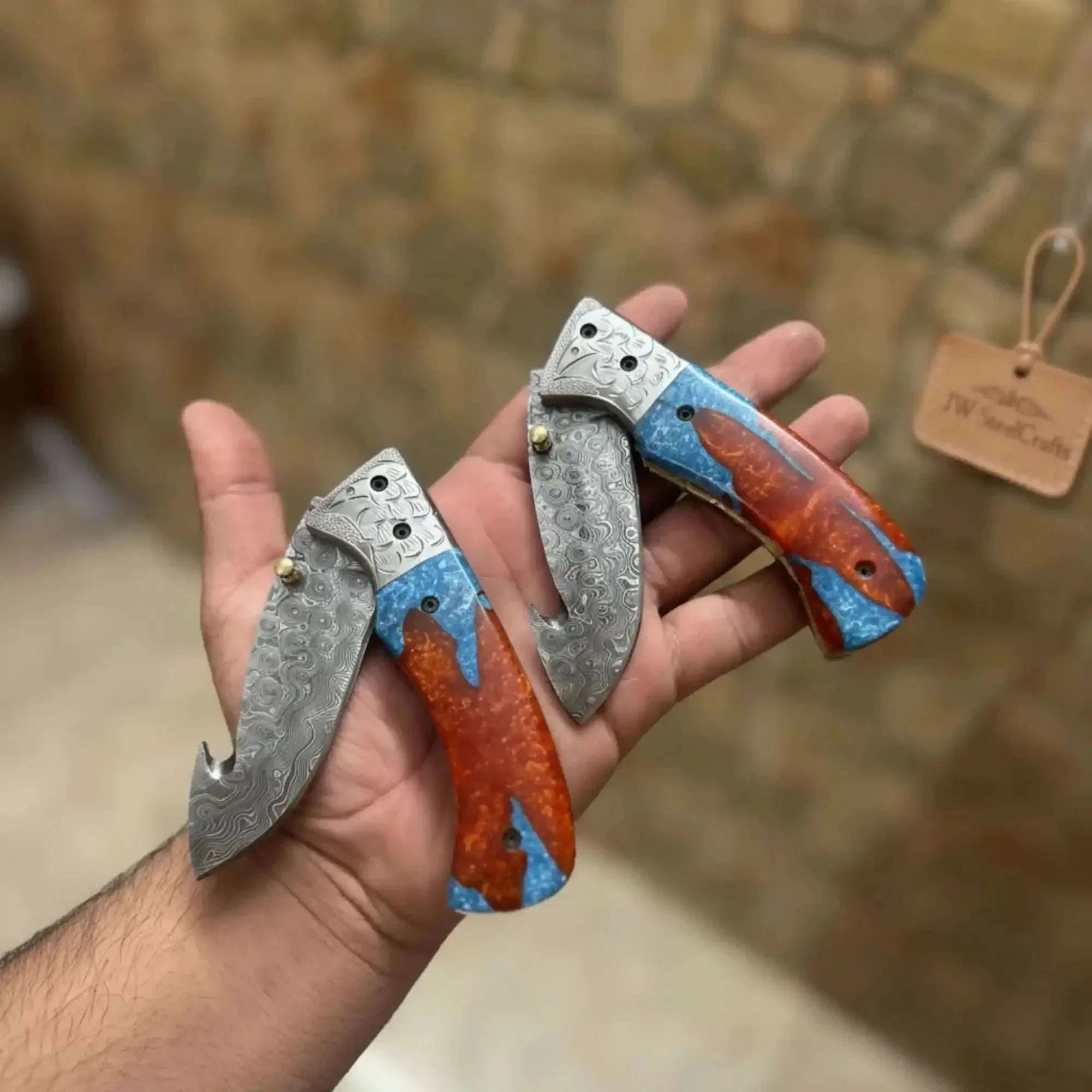Palmarius Outdoors Damascus Gut Hook folding Knife Pair with Liner Lock 