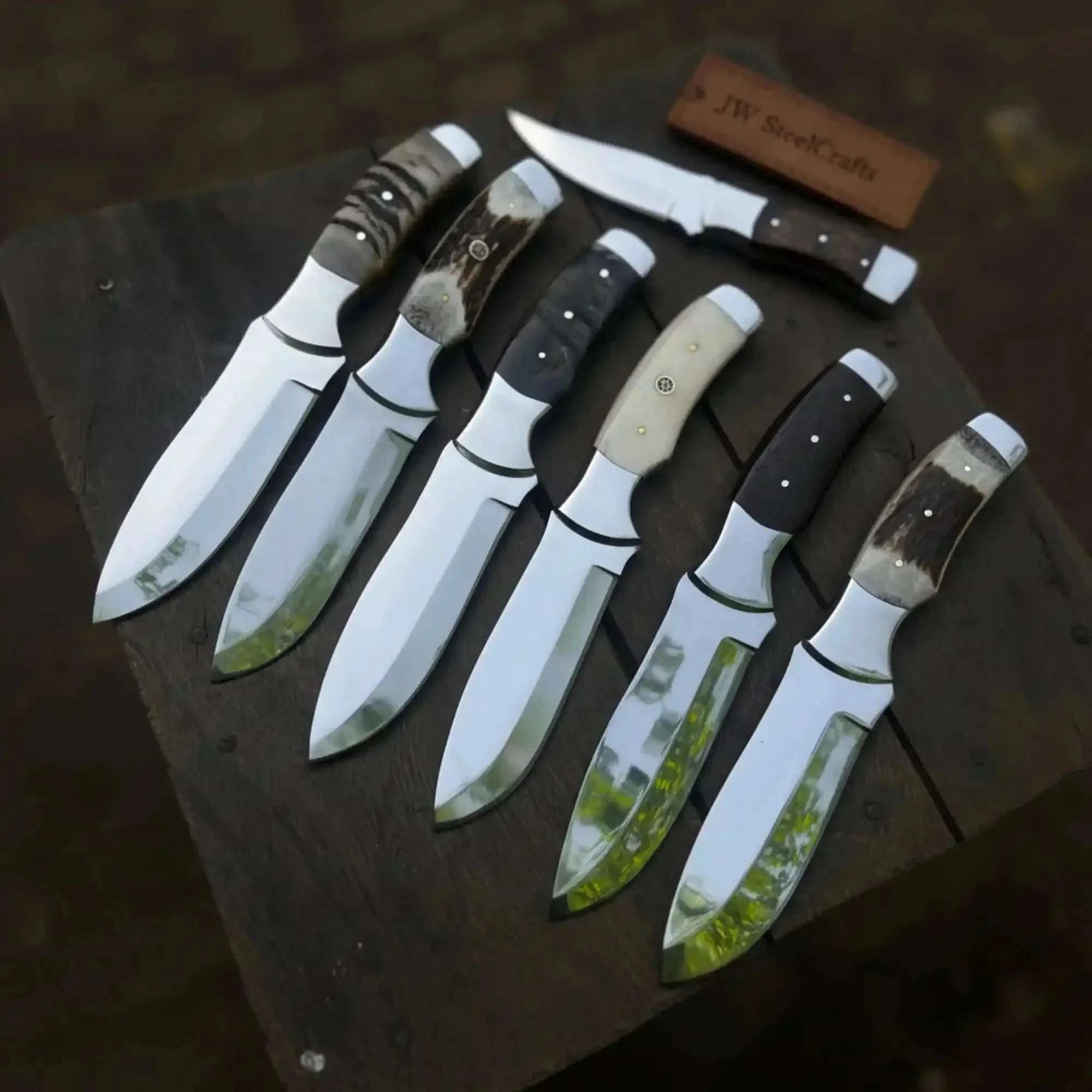 Palmarius Outdoors Handmade Bushcraft Knife Set of 7-Piece Full Tang Set with Horn, Bone & Wengi Wood Handles 