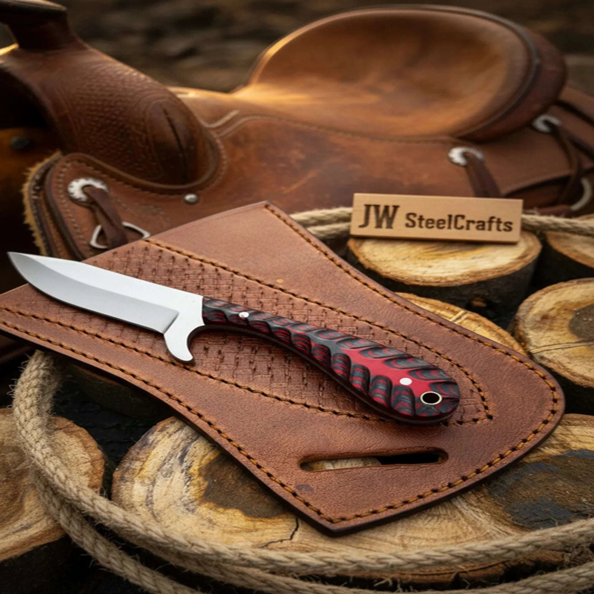 Palmarius Outdoors Crimson Ridge Hunter Knife with Red and Black Pakka Wood Handle Hunting Knife