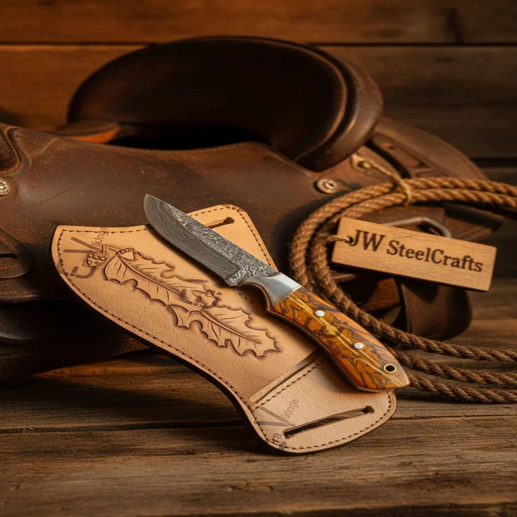 Palmarius Outdoors Handmade Damascus Cowboy Knife 8" Yellow Pinecone Handle Steel Bolster 