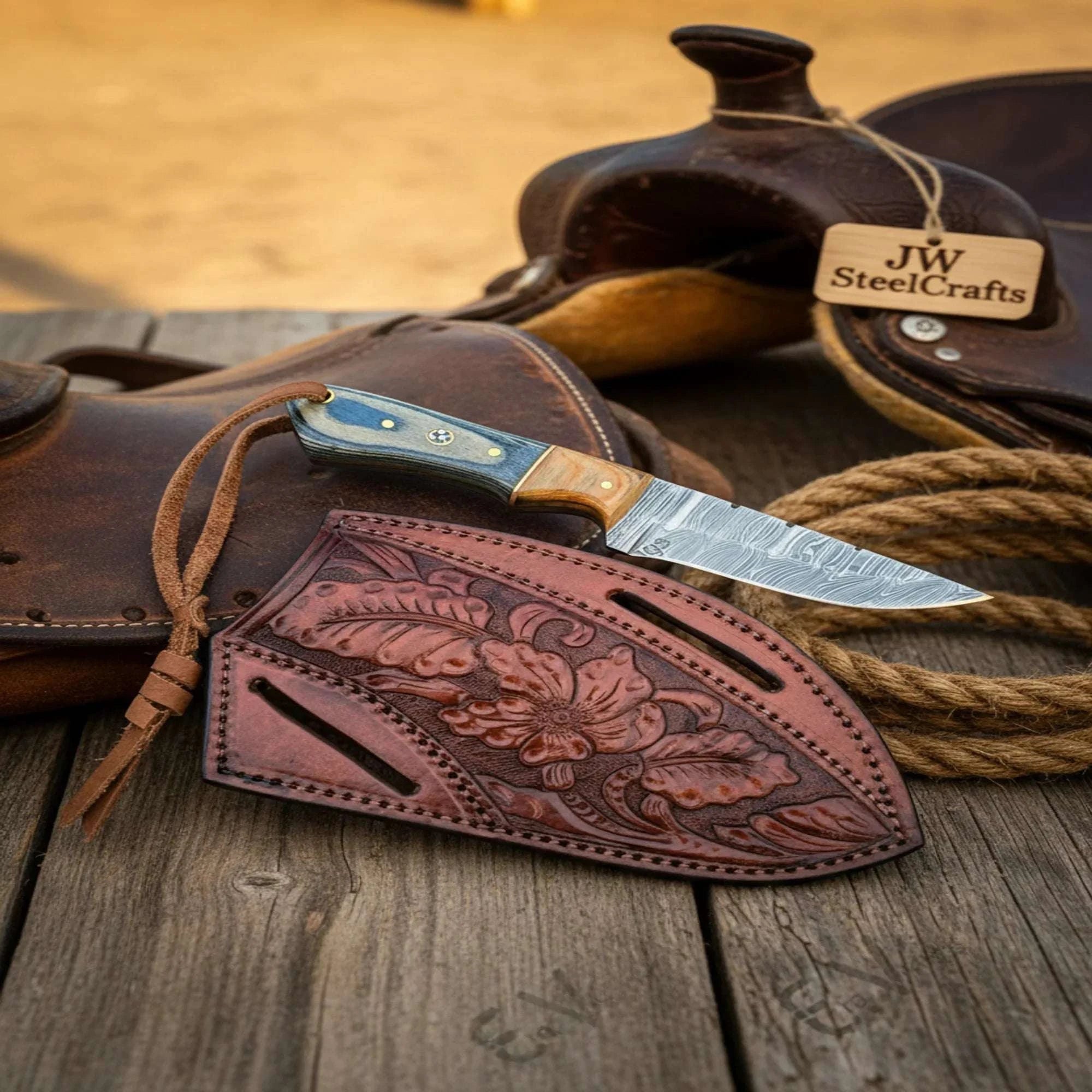 Palmarius Outdoors Handmade Damascus Cowboy Knife – 7 Inch Colored Wood 