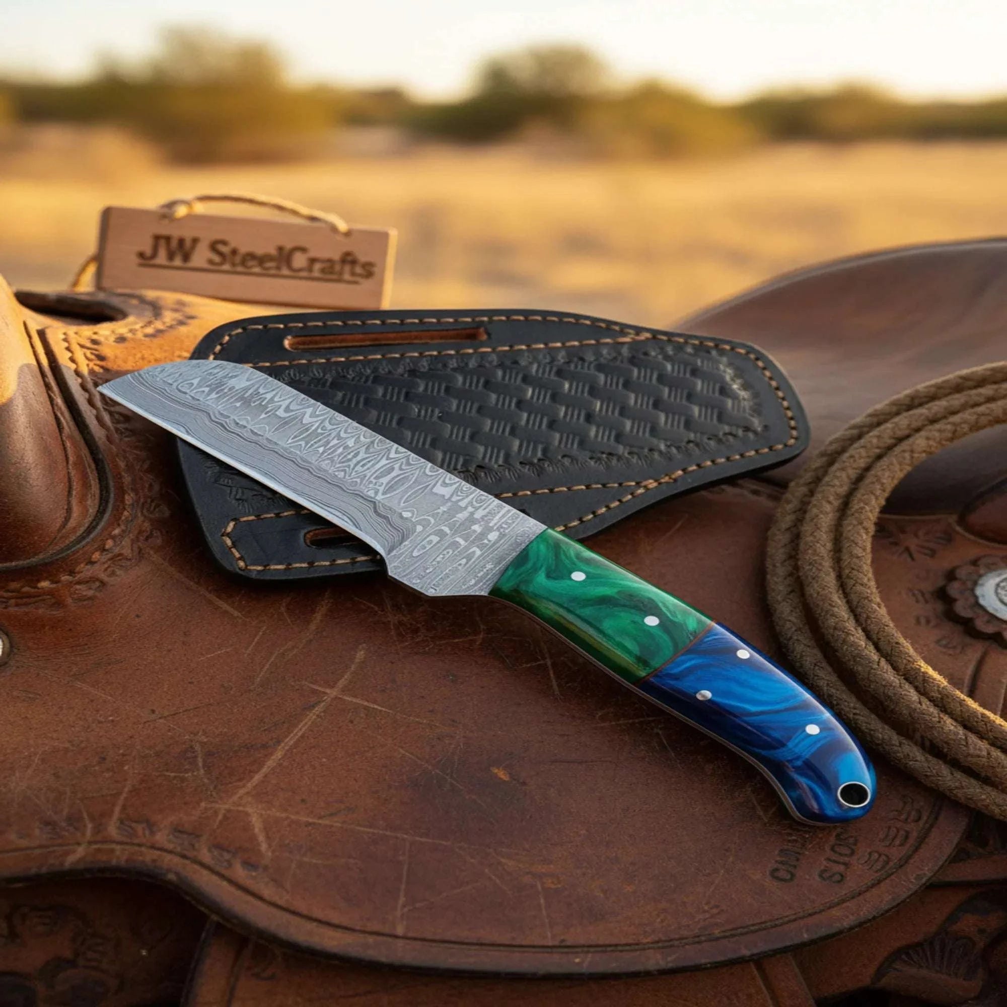 Palmarius Outdoors Damascus Straight Edge Cowboy Cleaver Knife 8" Green Blue Resin Handle Full Tang Pancake Sheath 