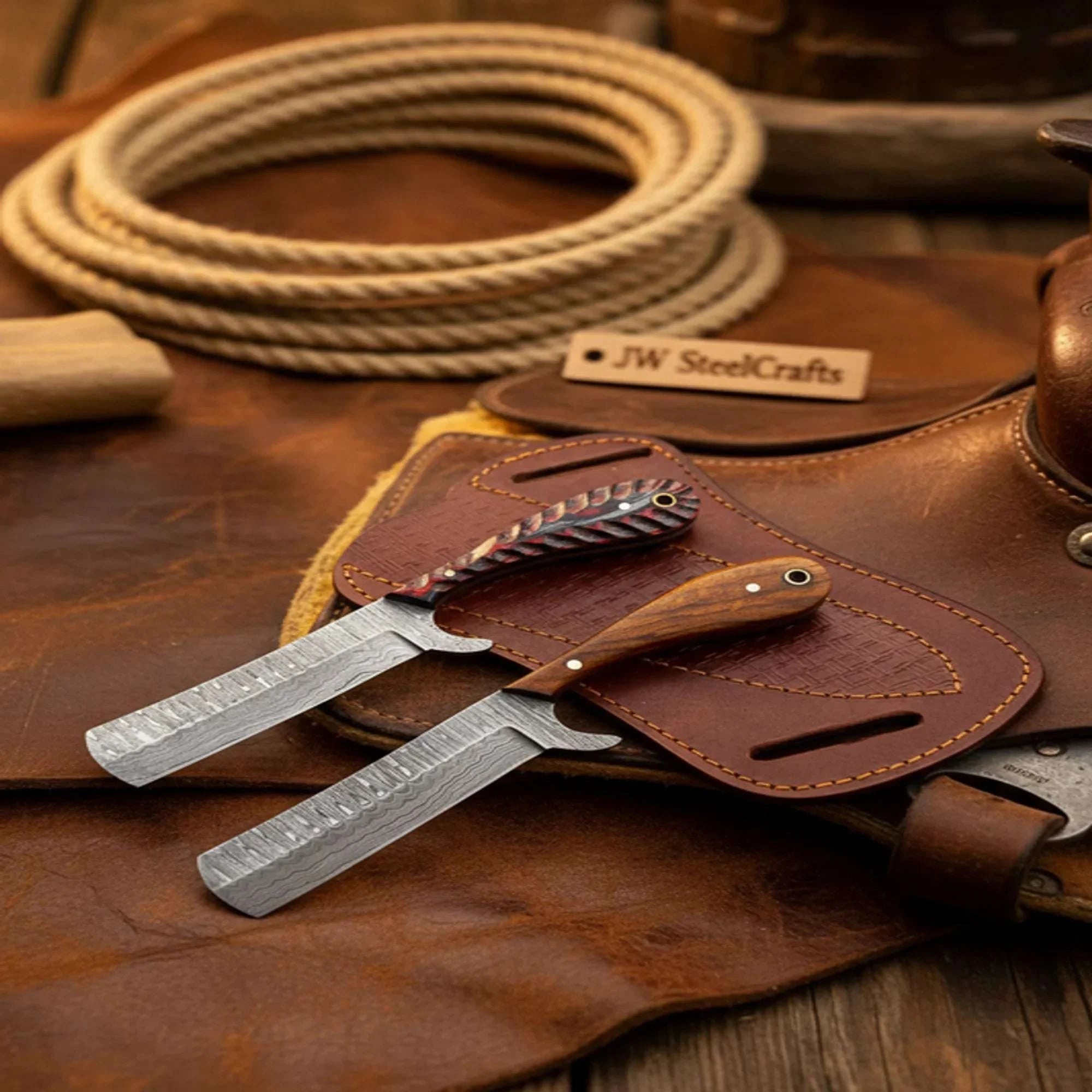 Palmarius Outdoors Handmade Damascus Bull Cutter Knife Set 7" Natural Wood Handle Cowboy Knives 
