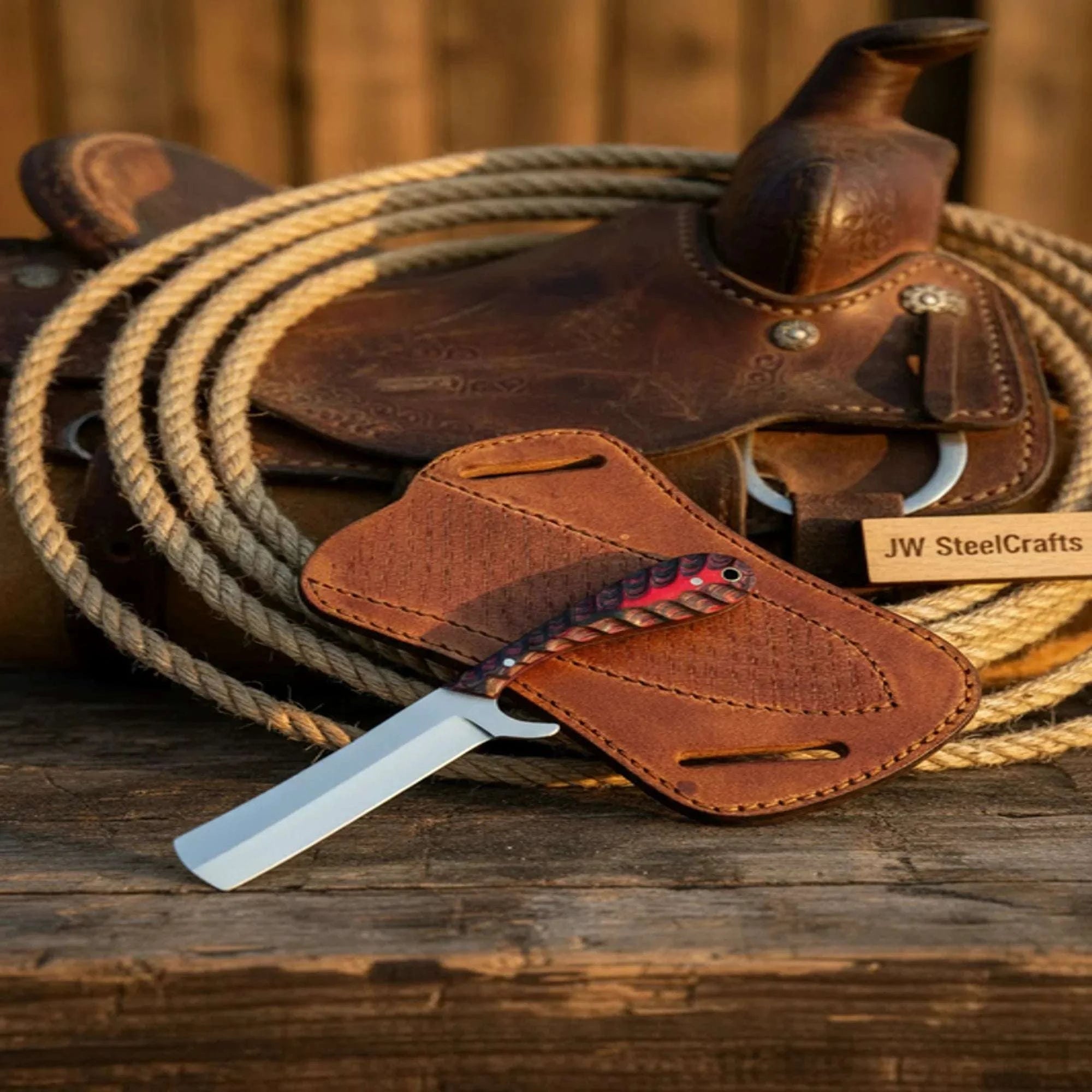Palmarius Outdoors Warivo Bull Cutter Knife with Multicolor Wood Handle Damascus Straight Razors