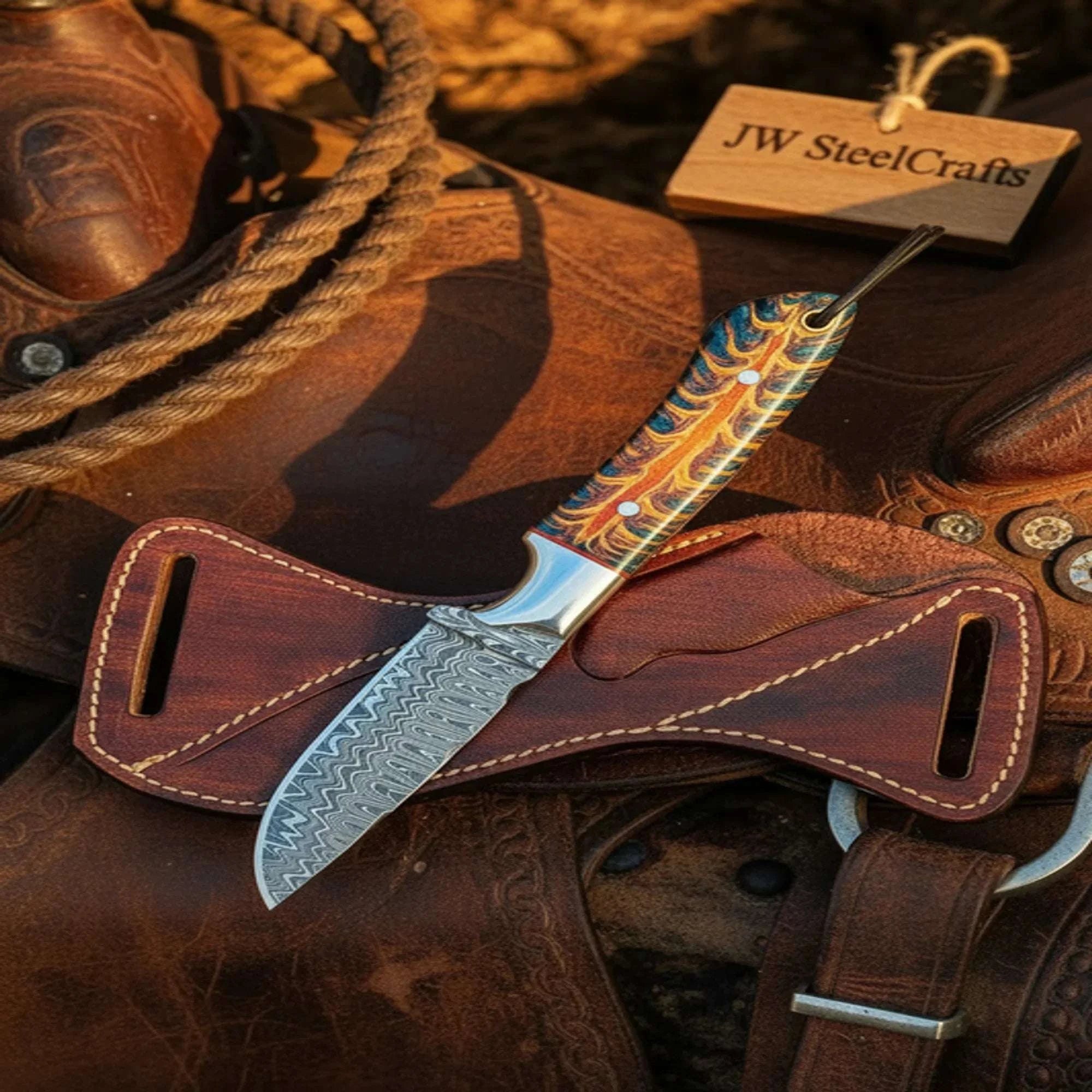 Palmarius Outdoors Full Tang Damascus Skinner Knife with Pinecone Resin Handle Skinner Knife