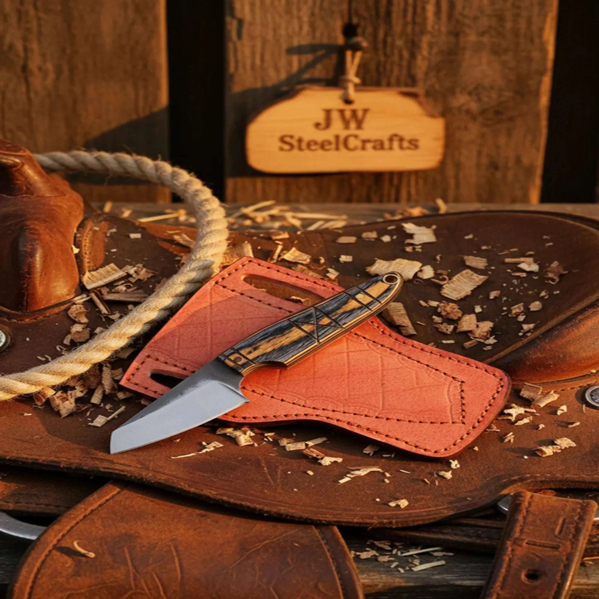 Palmarius Outdoors Trail Cleaver Skinner Knife Pakka Wood Handle Full Tang Western Pancake Leather Sheath 7" Skinner Knife