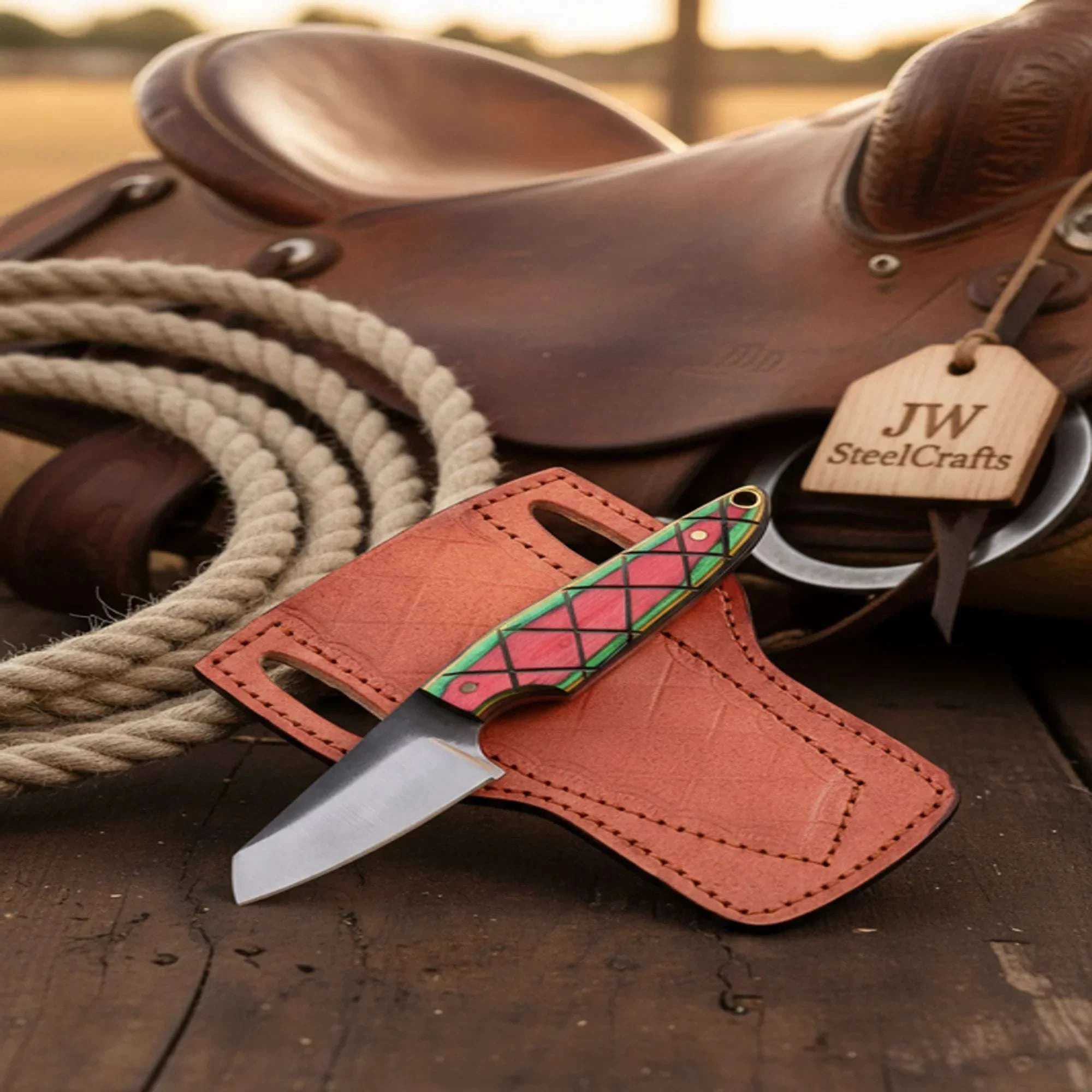 Palmarius Outdoors Cowboy Bull Cutter EDC Knife with Colored Pakka Wood Handle Hunting Knife