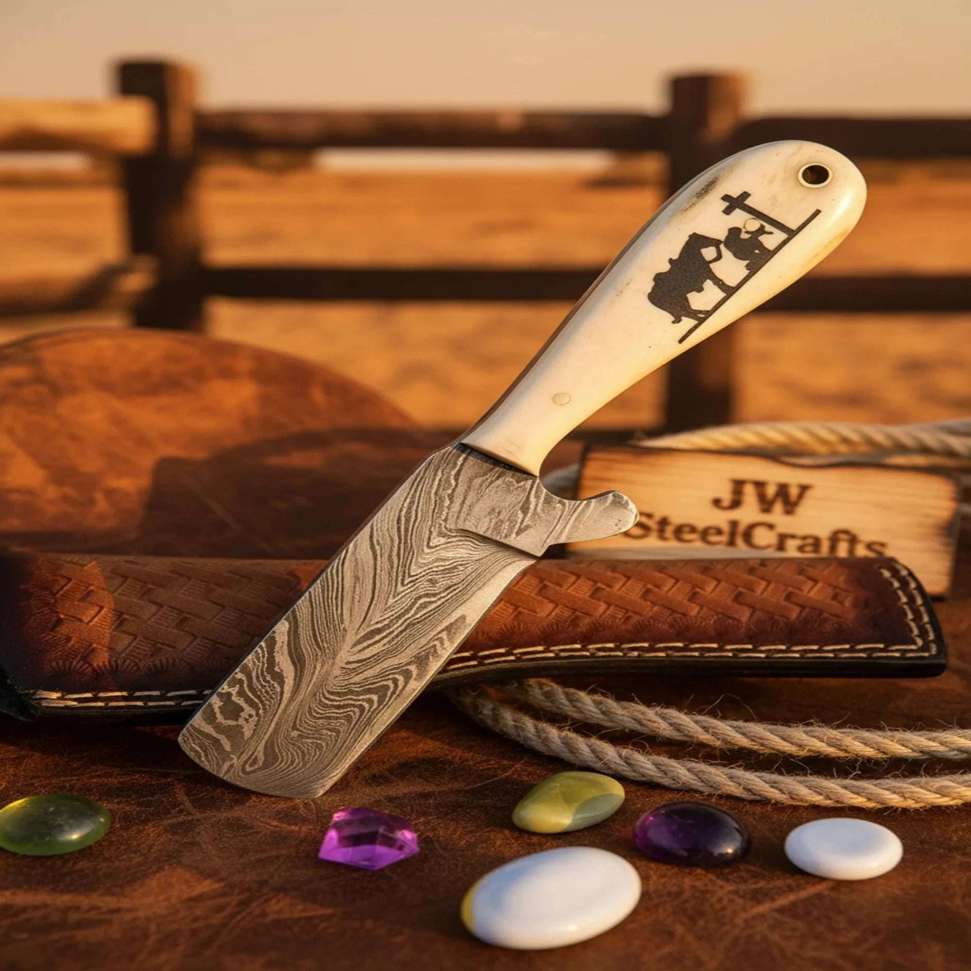 Palmarius Outdoors Praying Cowboy Bull Cutter Knife with Prayer Engraved White Resin Handle Hunting Knife
