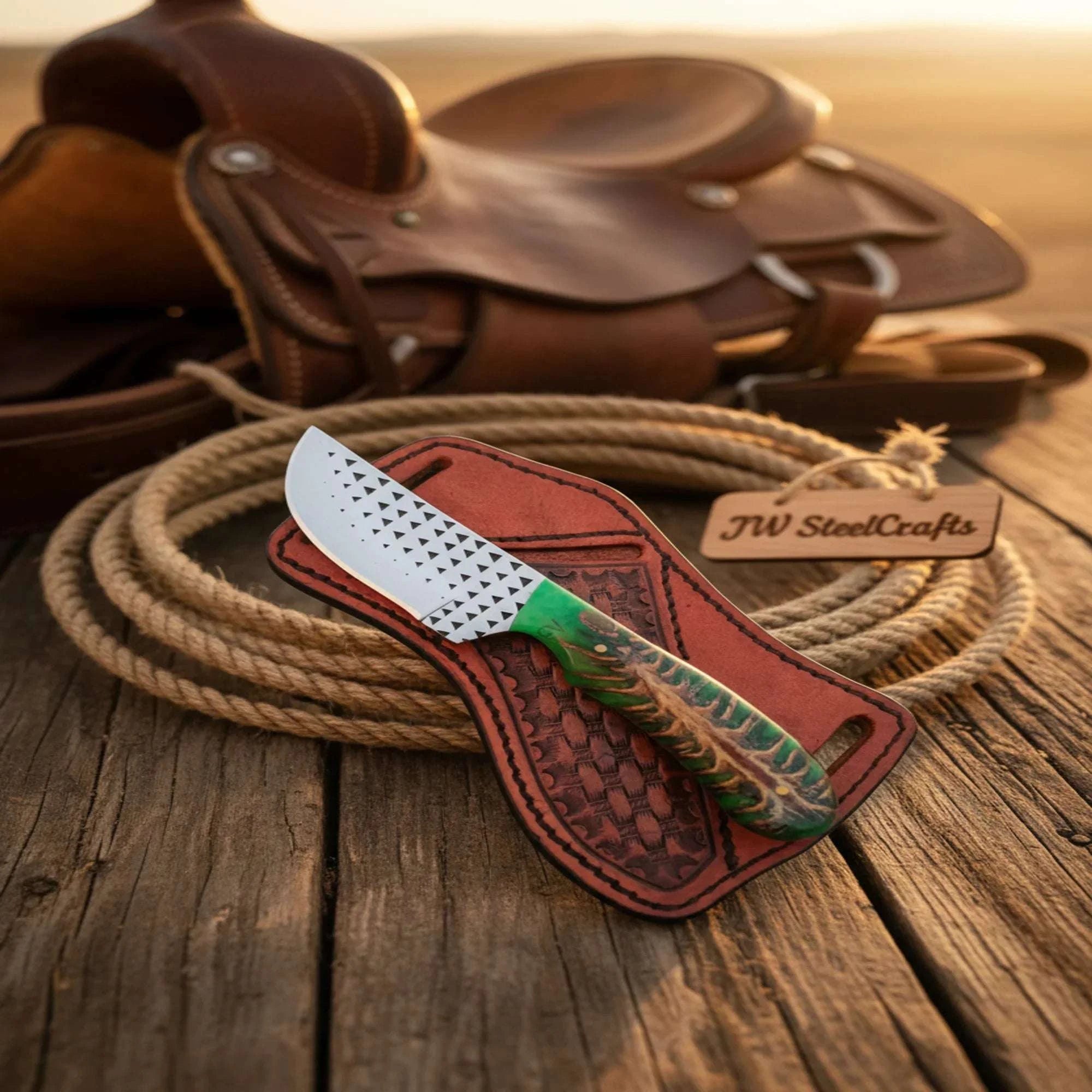 Palmarius Outdoors Rasp Steel Cowboy Knife with Green Pinecone Resin Handle and Full Tang Blade Hunting Knife