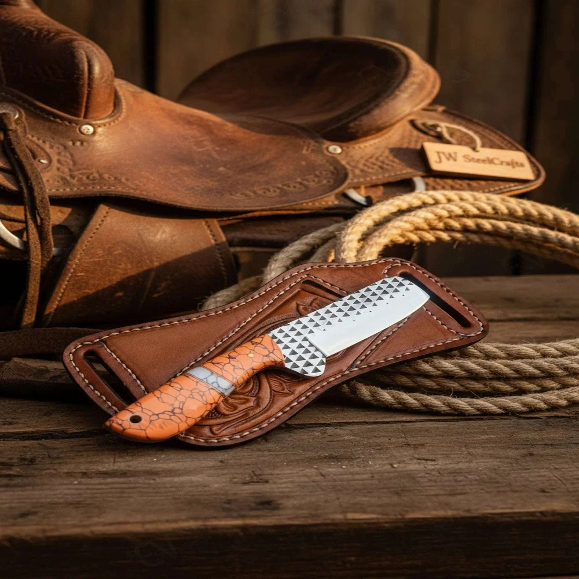 Palmarius Outdoors Tanto Rasp Bull Cutter with Orange Turquoise Resin Handle Hunting Knife