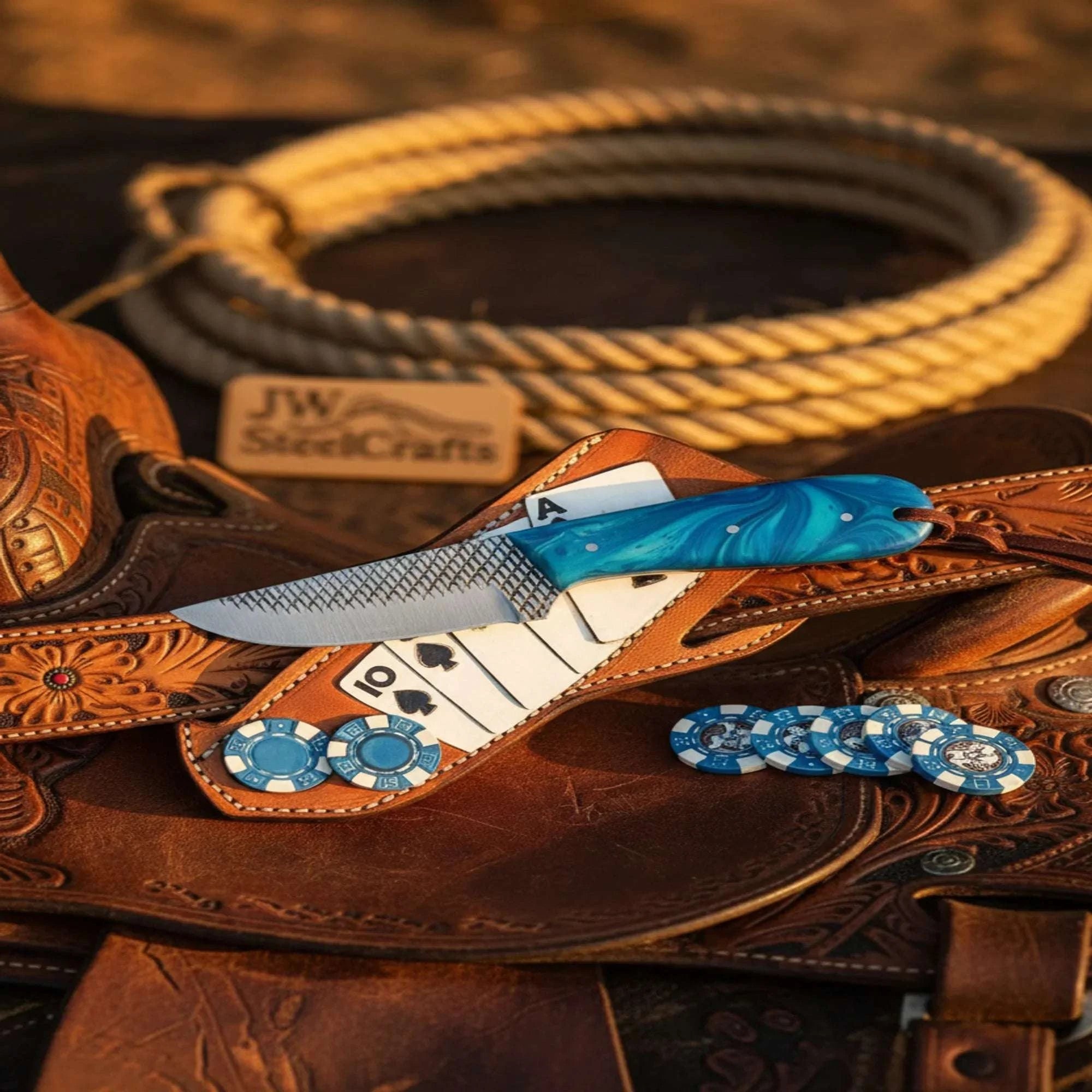 Palmarius Outdoors Turquoise Hybrid Rasp Skinner Knife Sky Blue Resin Handle Cross Draw Hand Engraved Sheath Skinner Knife