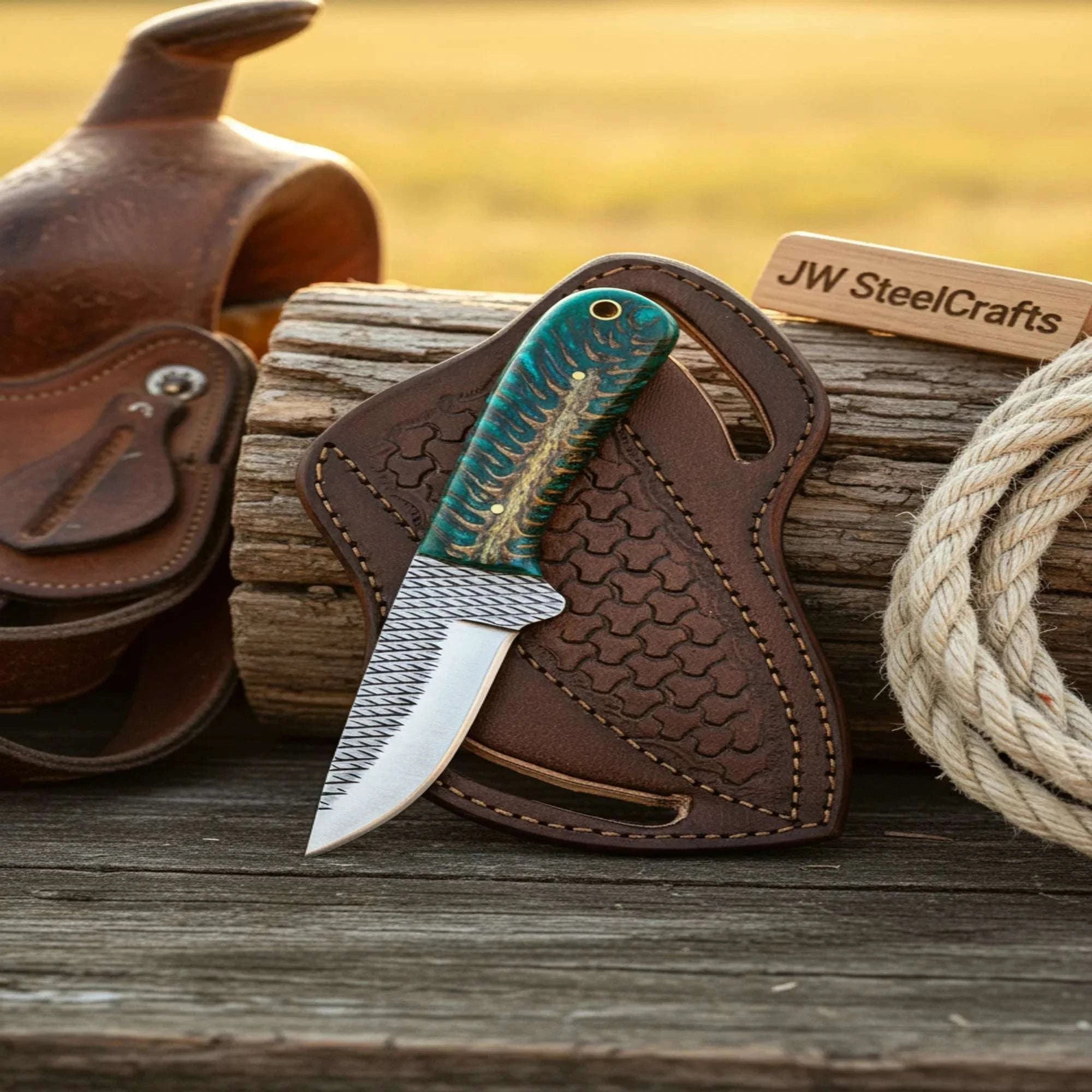 Palmarius Outdoors Teal Pinecone Resin Rasp Skinner Knife with Green Pinecone Resin Handle Full Tang 