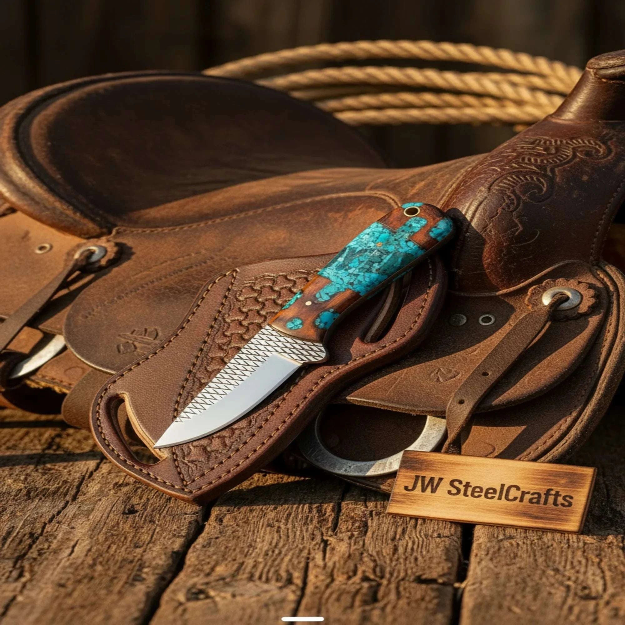Palmarius Outdoors Turquoise Cowboy Skinner with Rasp Steel Blade and Crossdraw Sheath Skinner Knife