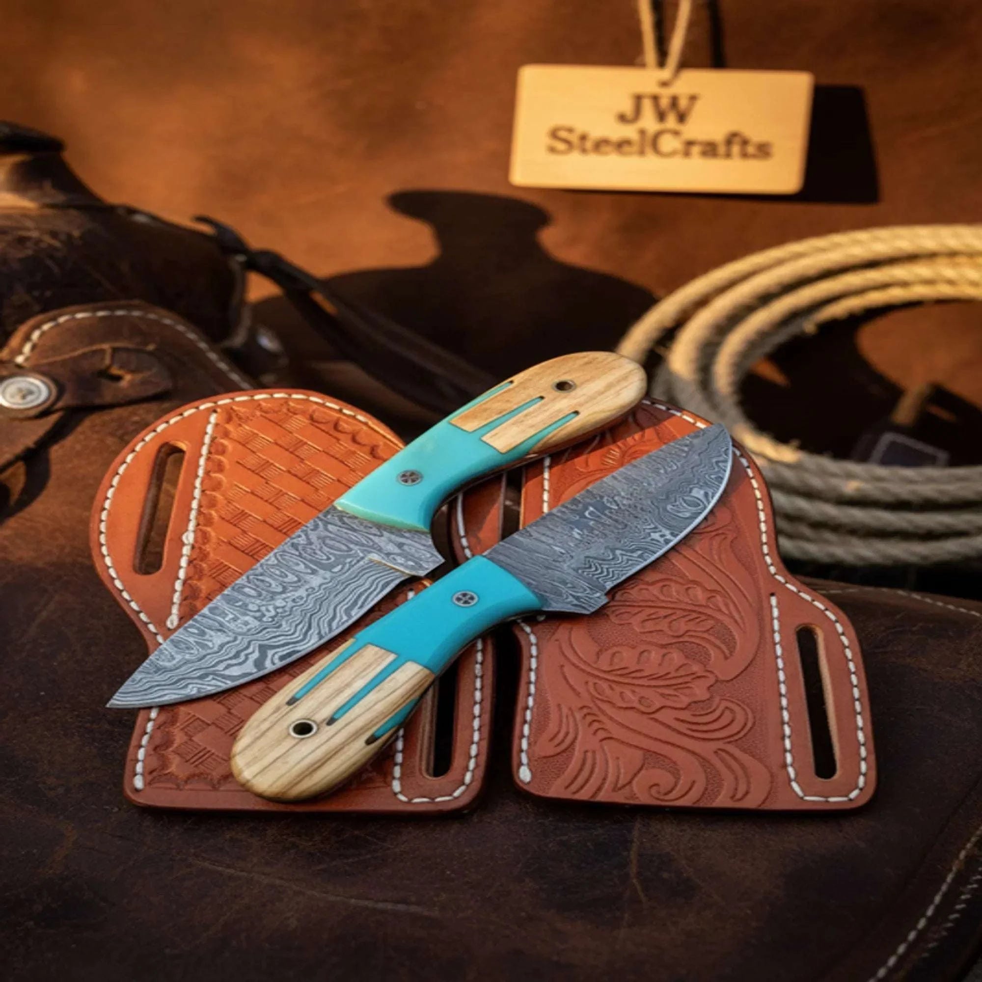 Palmarius Outdoors Handmade Damascus Skinner Knives 6.5" Olive Wood Resin Handle Hunting Set 
