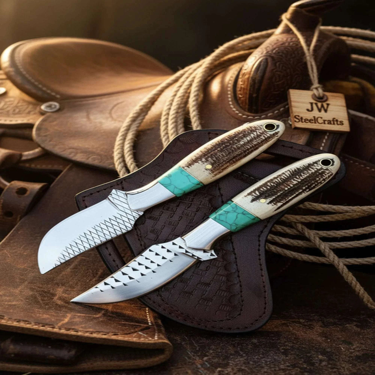 Palmarius Outdoors Turquoise Stag Cowboy Duo Knife set of 2 with natural stag horn handles cowboy knives