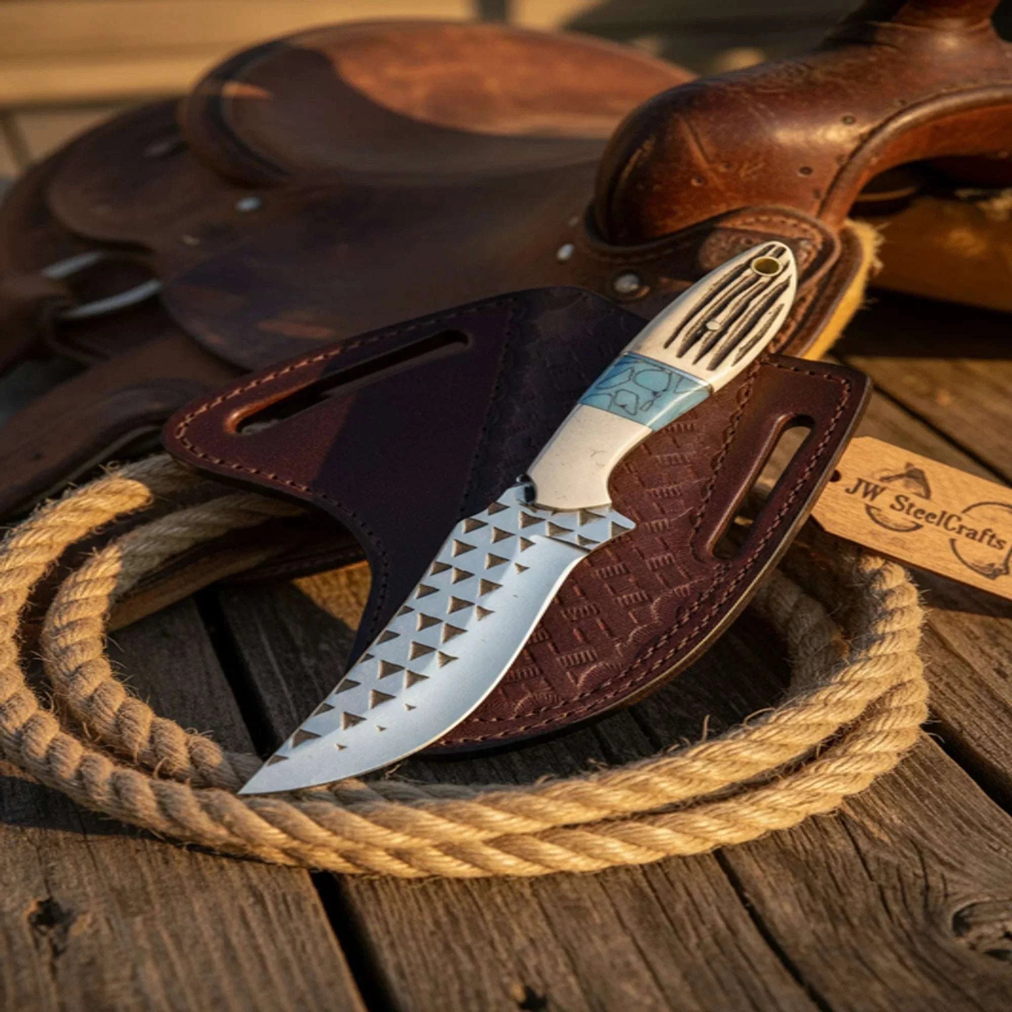 Palmarius Outdoors Handmade Rasp Steel Knife 7" Stag Horn Handle, Turquoise Stone, Leather Sheath 