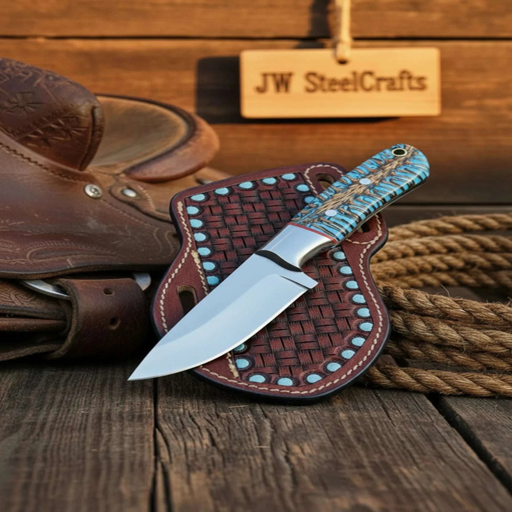 Palmarius Outdoors Pinecone Resin Skinner Knife – Hand-Forged D2 Steel Drop Point Blade with Turquoise Handle 