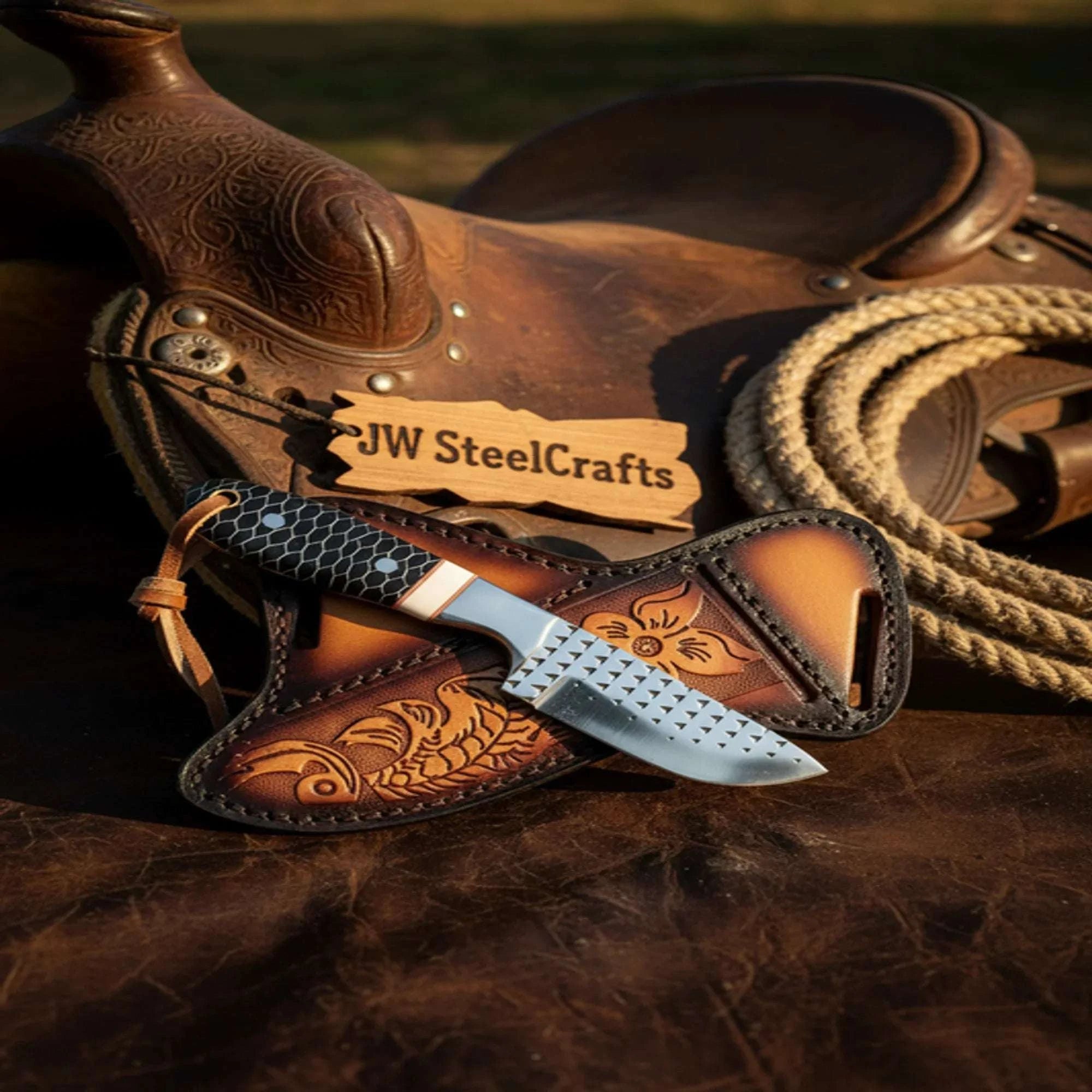 Palmarius Outdoors Ironhide Ranch Blade Knife Black Honeycomb Handle White Spacer Steel Bolster Engraved Hunting Knife