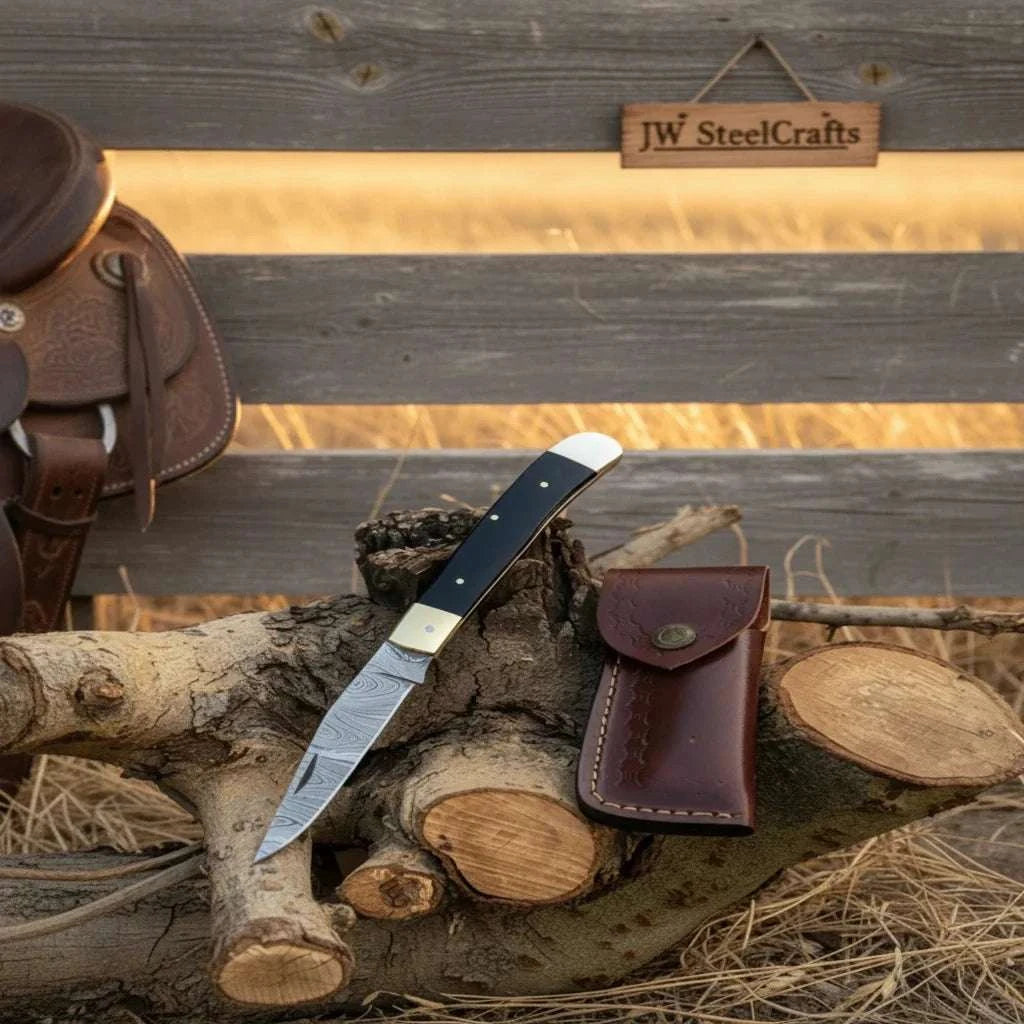 Palmarius Outdoors Executive Slipjoint Damascus Folder with Black Resin Handle Folding Knife