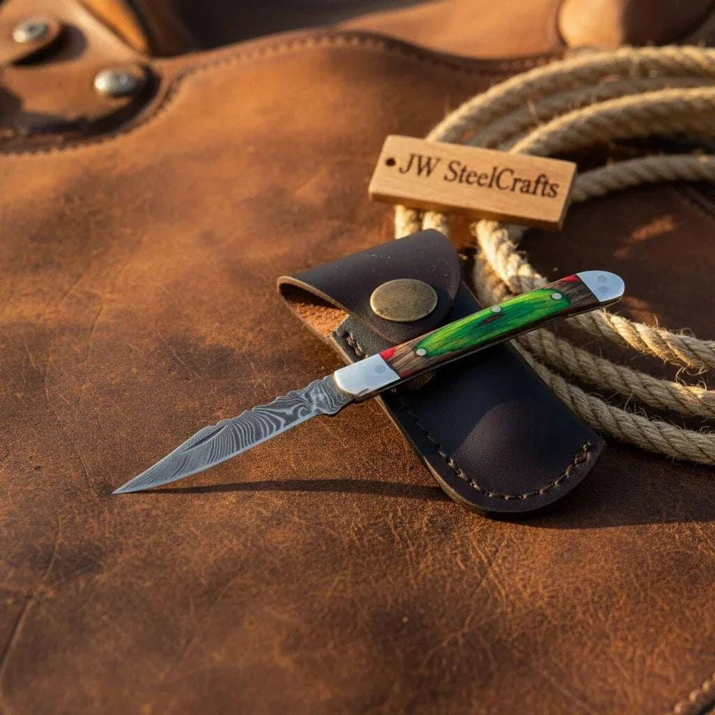 Palmarius Outdoors Forest Green Trail Trapper Knife Pakka Wood Damascus Steel folding Trapper Knife Folding Knife