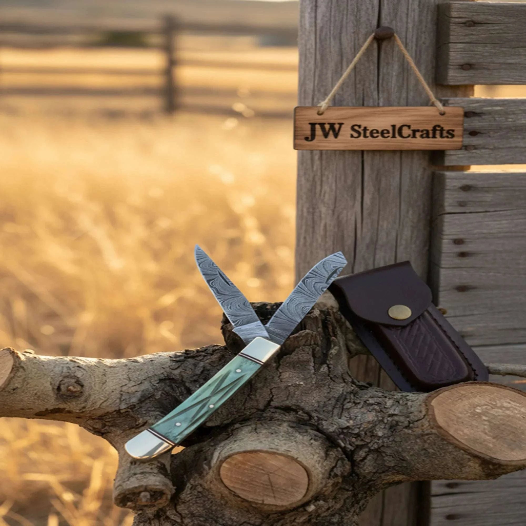 Palmarius Outdoors Damascus Trapper Pocket Knife – Two Blade Folding Knife with Green Bone Handle Folding Knife