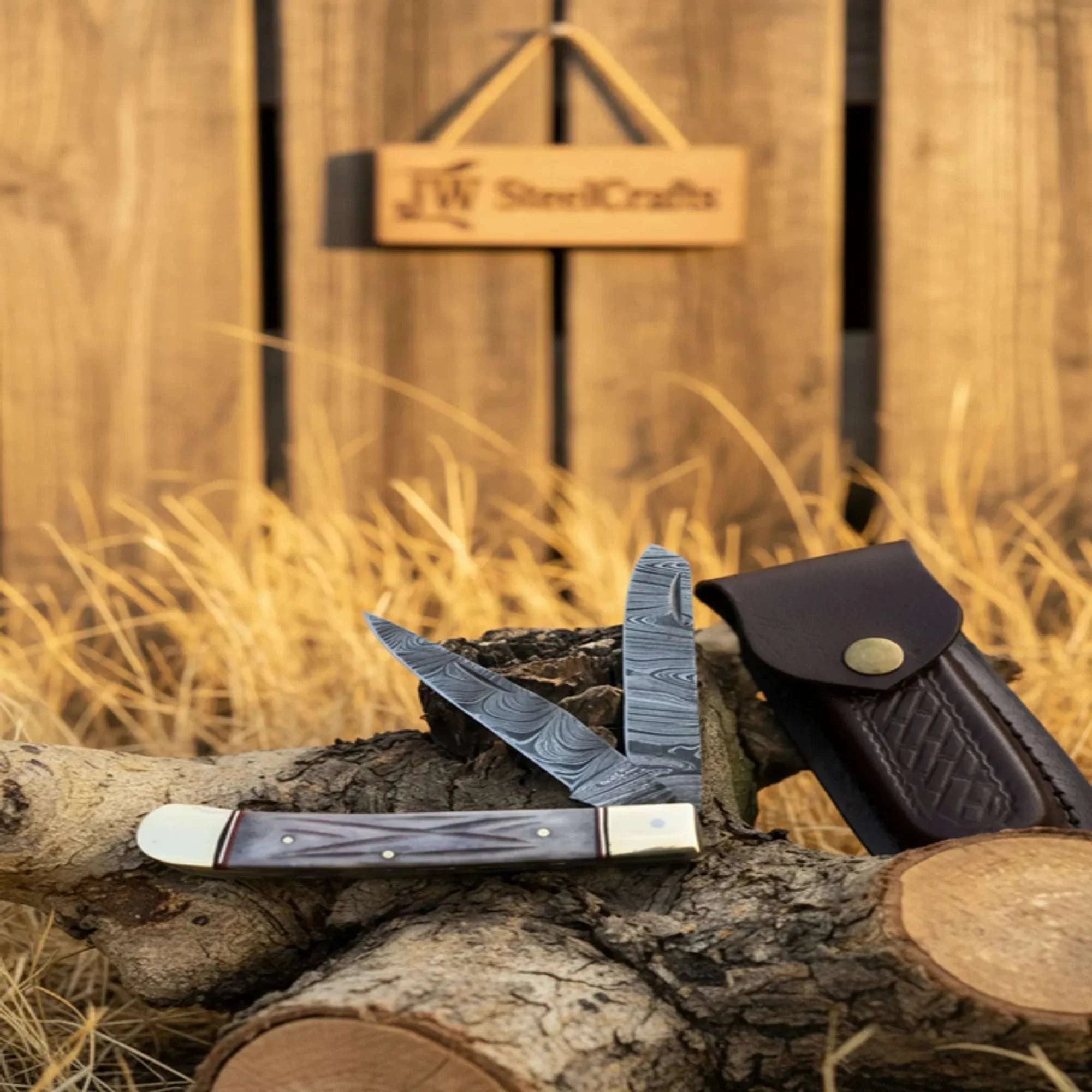 Palmarius Outdoors Damascus Steel Trapper Knife 4" with Bone Handle, Folding Pocket Knife 