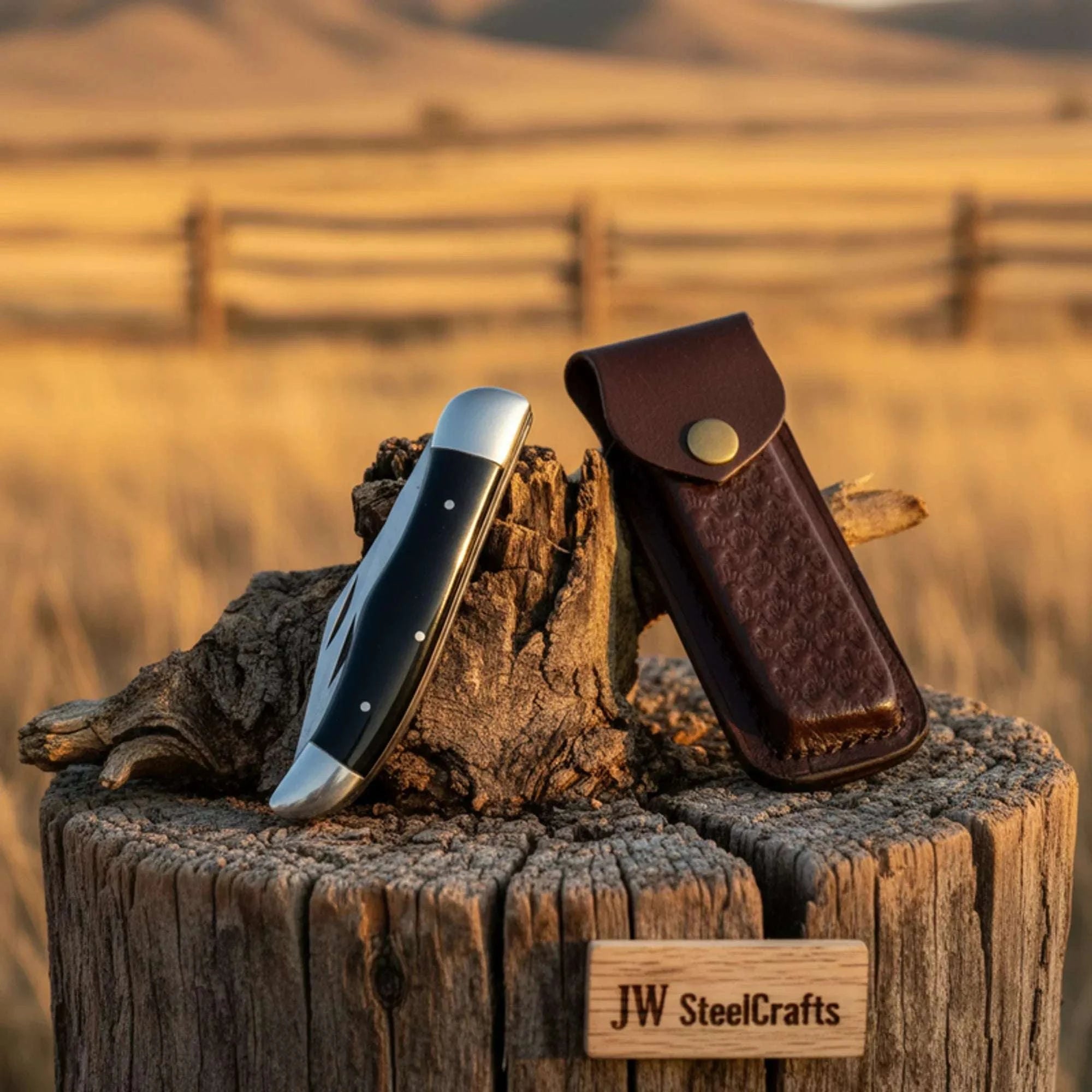 Palmarius Outdoors Prairie Trapper Knife with Black Resin Handle and Steel Bolster Folding Knife