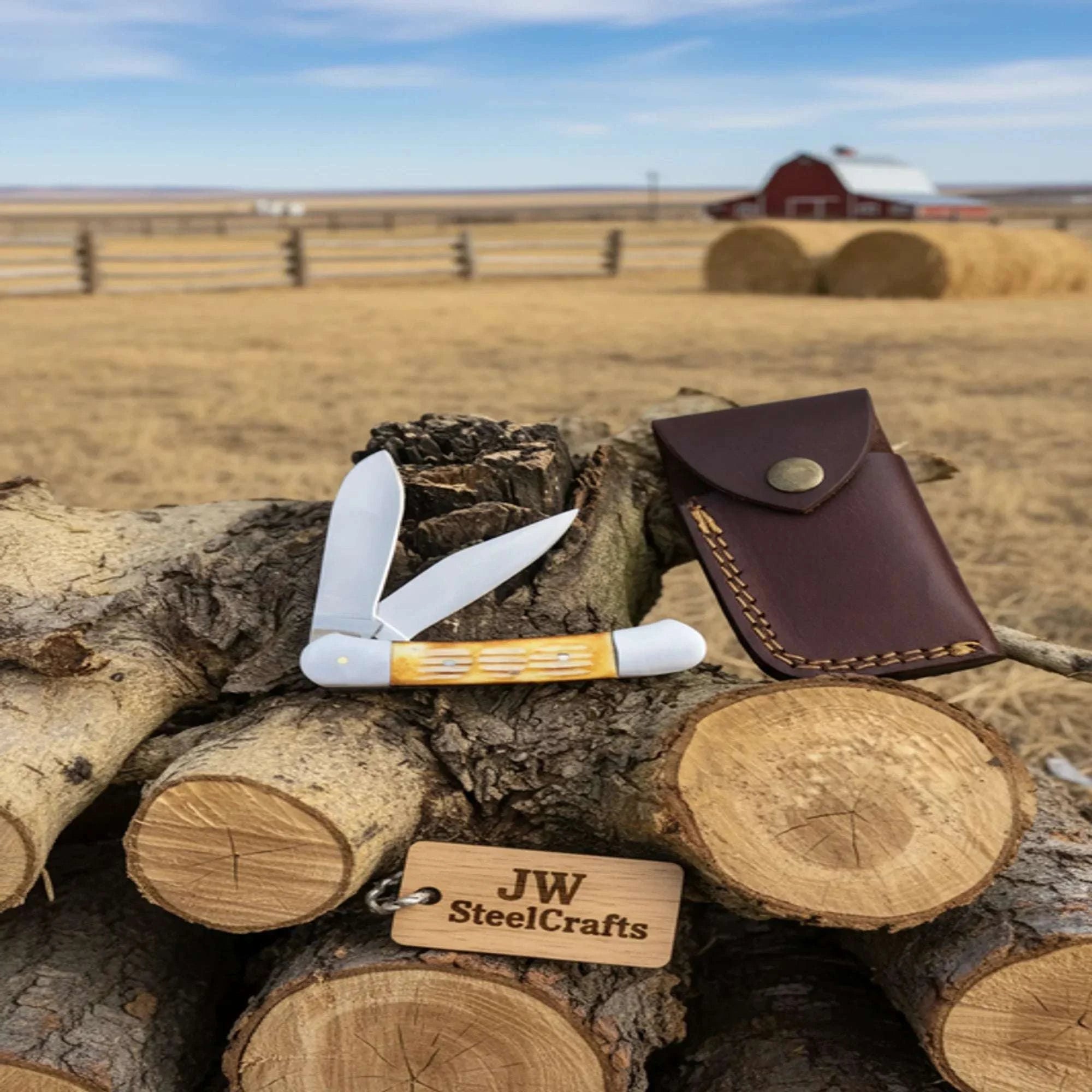 Palmarius Outdoors Double Blade Trapper Knife with Bone Handle, Folding Pocket Knife 