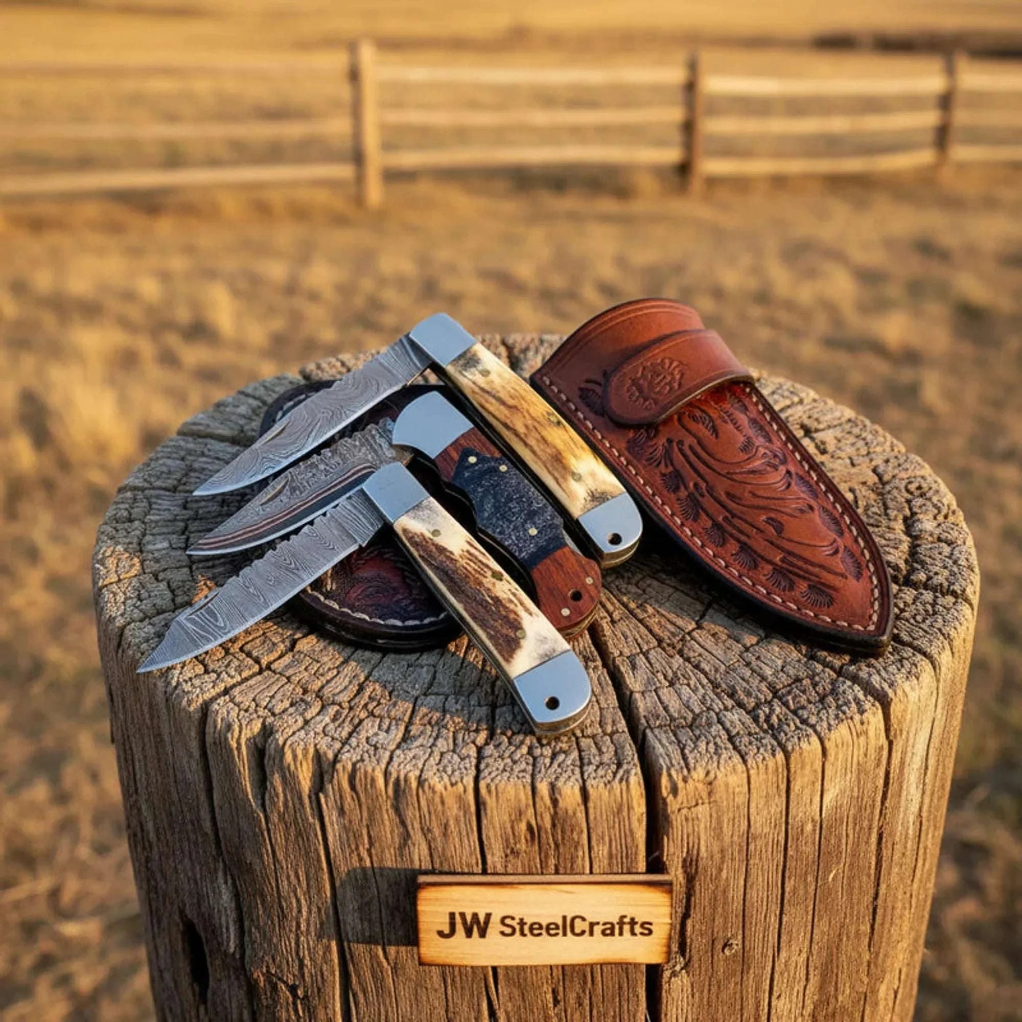 Palmarius Outdoors Handmade Damascus Folding Pocket Knife Set 3 Slipjoint Knives with Stag Horn and Resin Handles Trapper Knives
