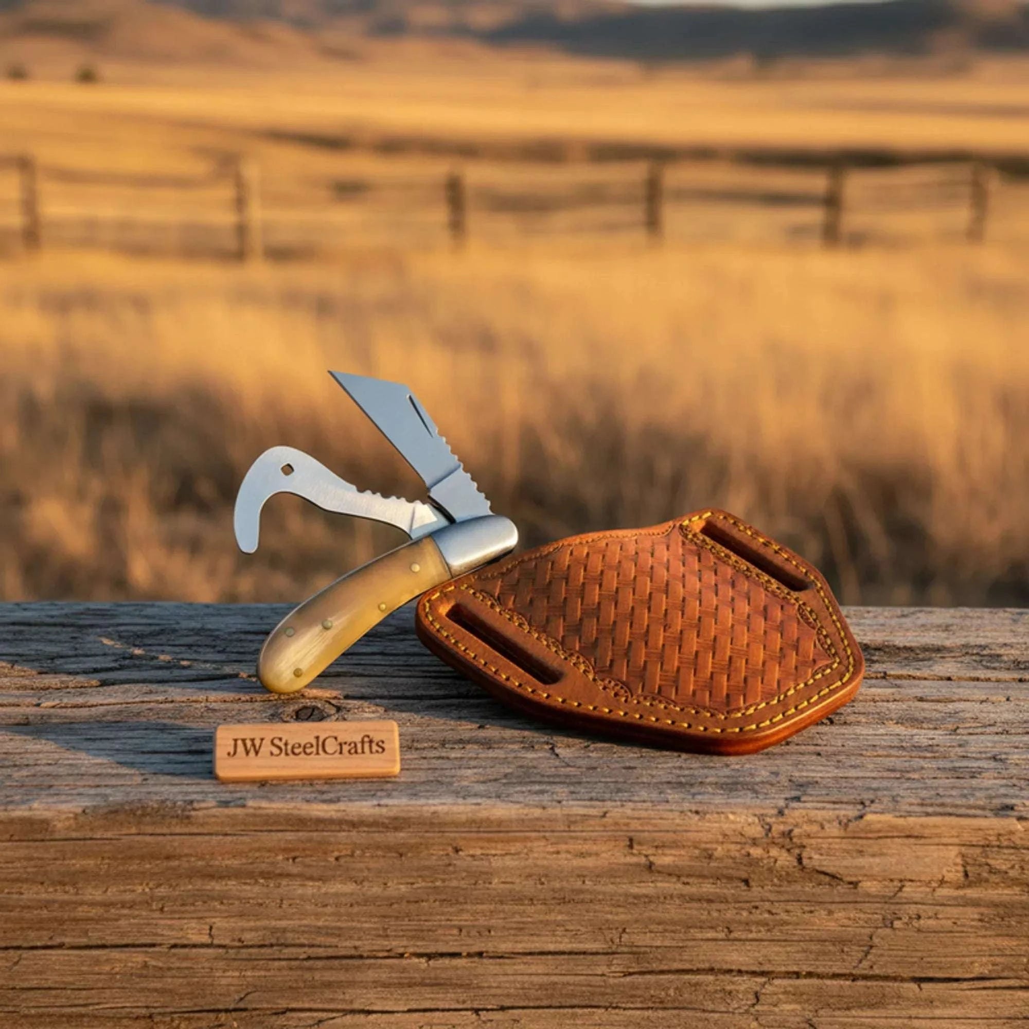 Palmarius Outdoors Handmade Trapper Knife, 2 Blades, Olive Wood Handle, Steel Bolster with Leather Sheath 