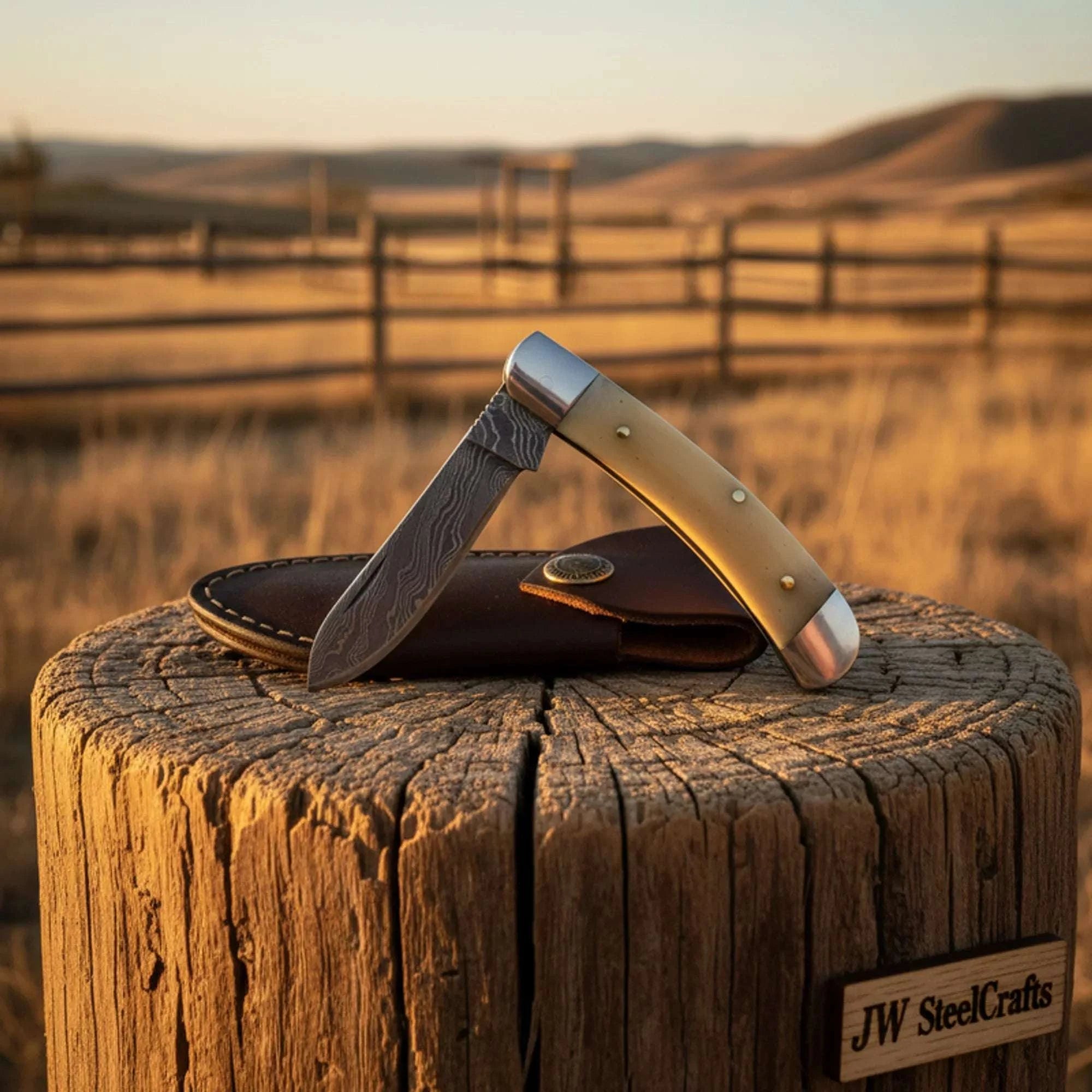 Palmarius Outdoors Damascus Serpentine Folding Knife with Camel Bone Handle Folding Knife