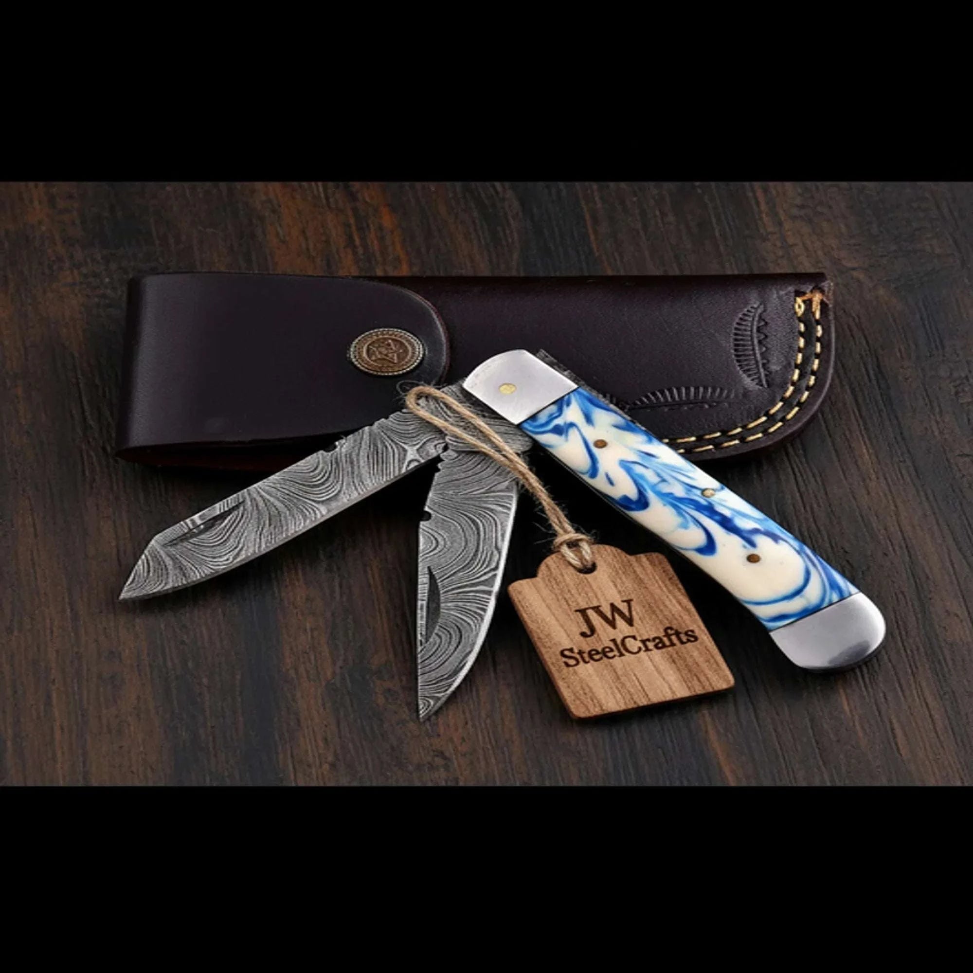 Palmarius Outdoors Dual-Blade Folding Trapper Sky Blue Resin Handle Steel Bolster Trapper 