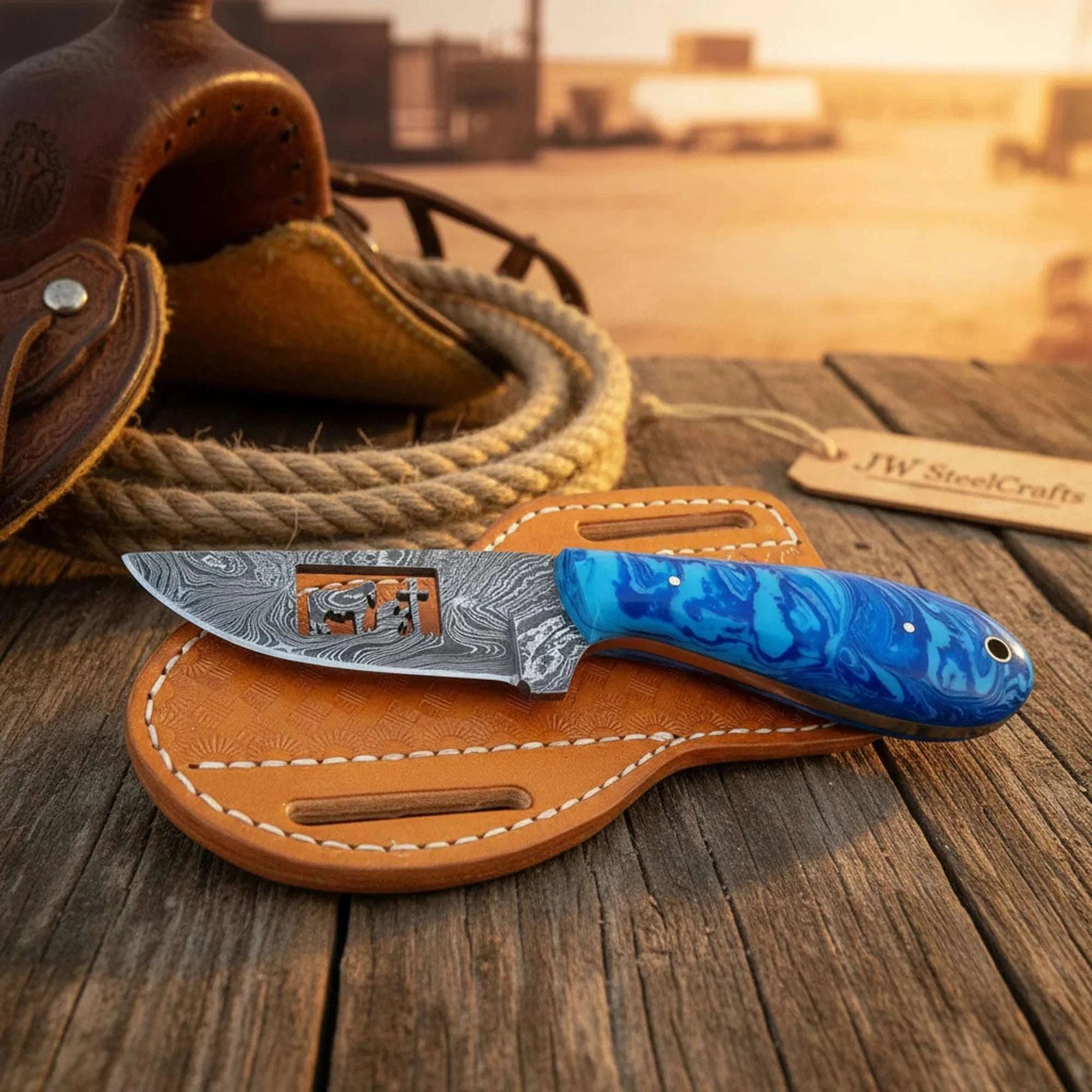 Palmarius Outdoors Frontier Whitetail Skinner knife Christian Cross Horse Engraved Blue Resin Handle Full Tang 