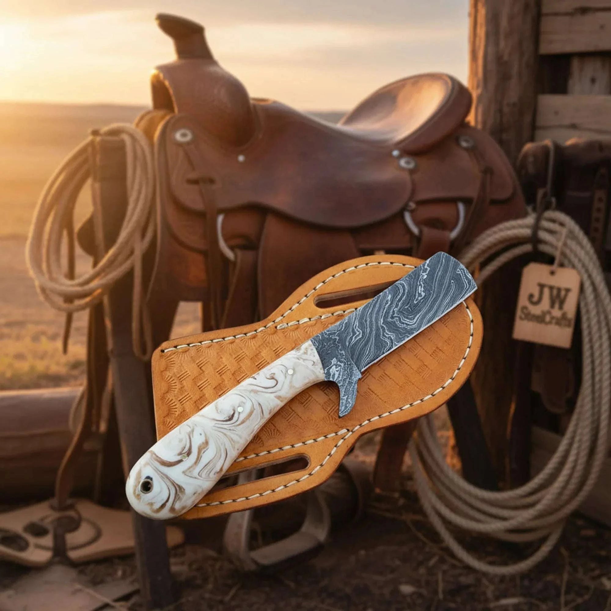 Palmarius Outdoors Damascus Skinner Knife with Resin Handle, 7" Full Tang 