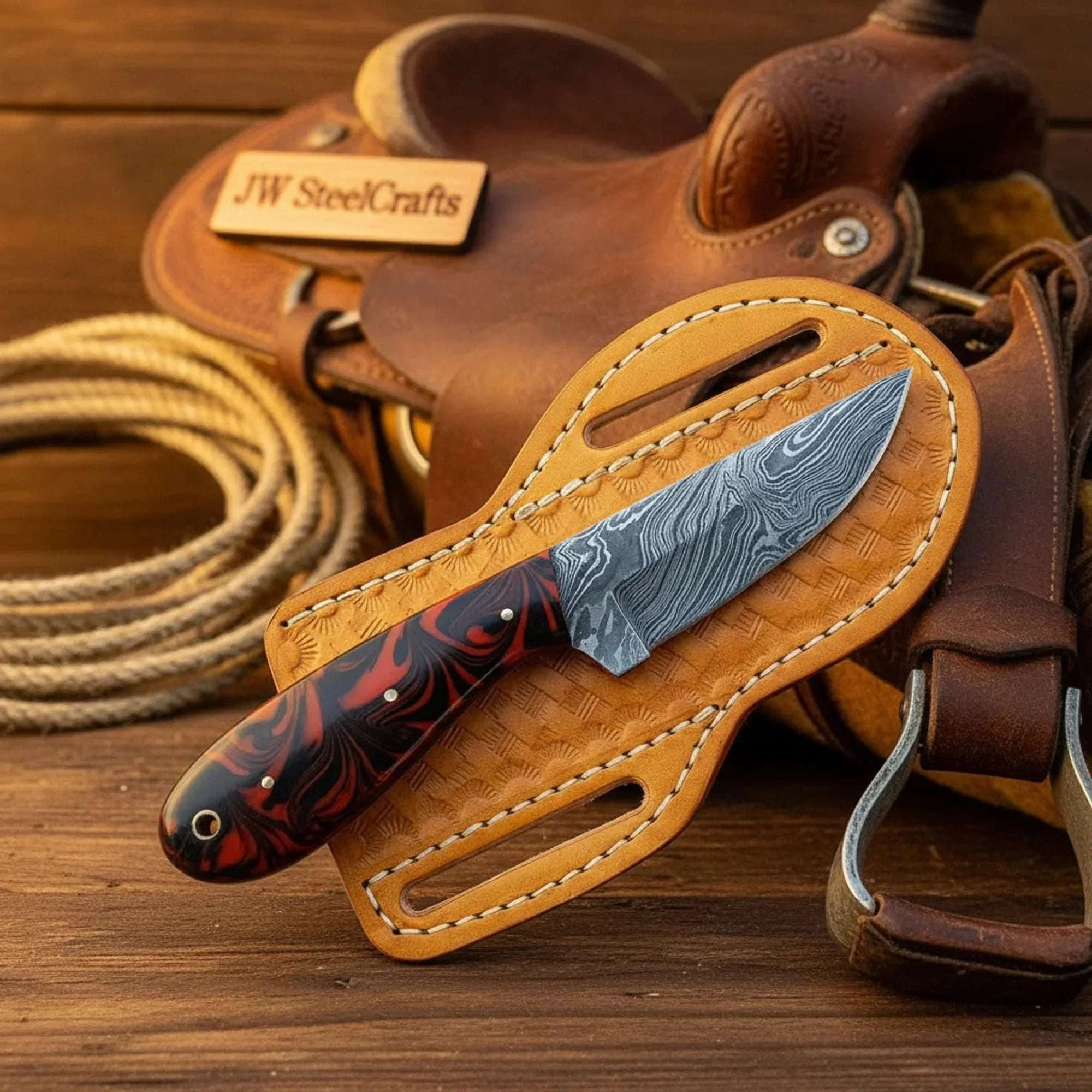 Palmarius Outdoors Frontier Hellfire Caper Knife 7" Black Red Resin Handle Western Pancake Leather Sheath 