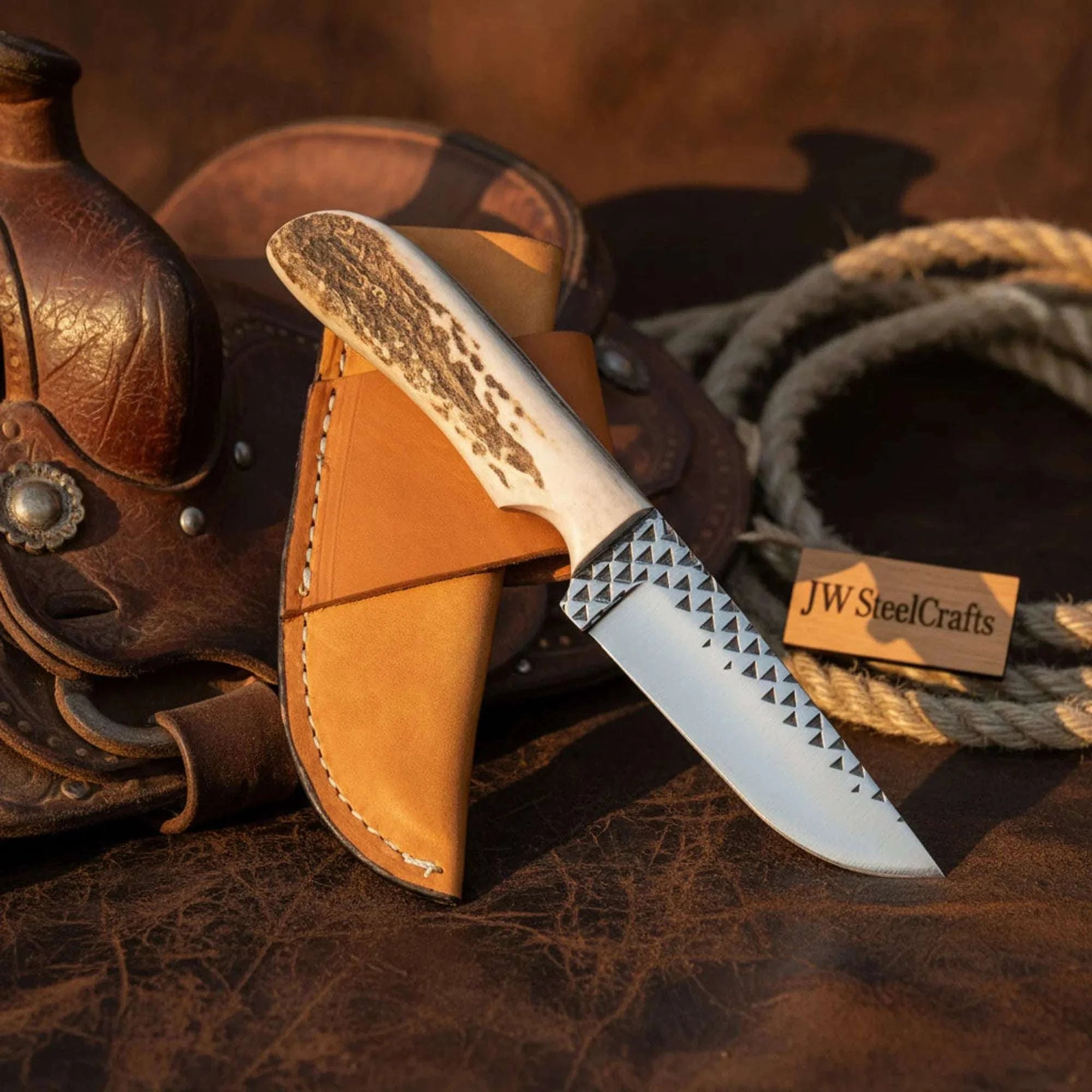 Palmarius Outdoors Handmade Custom Rasp Steel Fixed Blade Hunting Knife 7" with Synthetic Stag Handle & Leather Sheath 