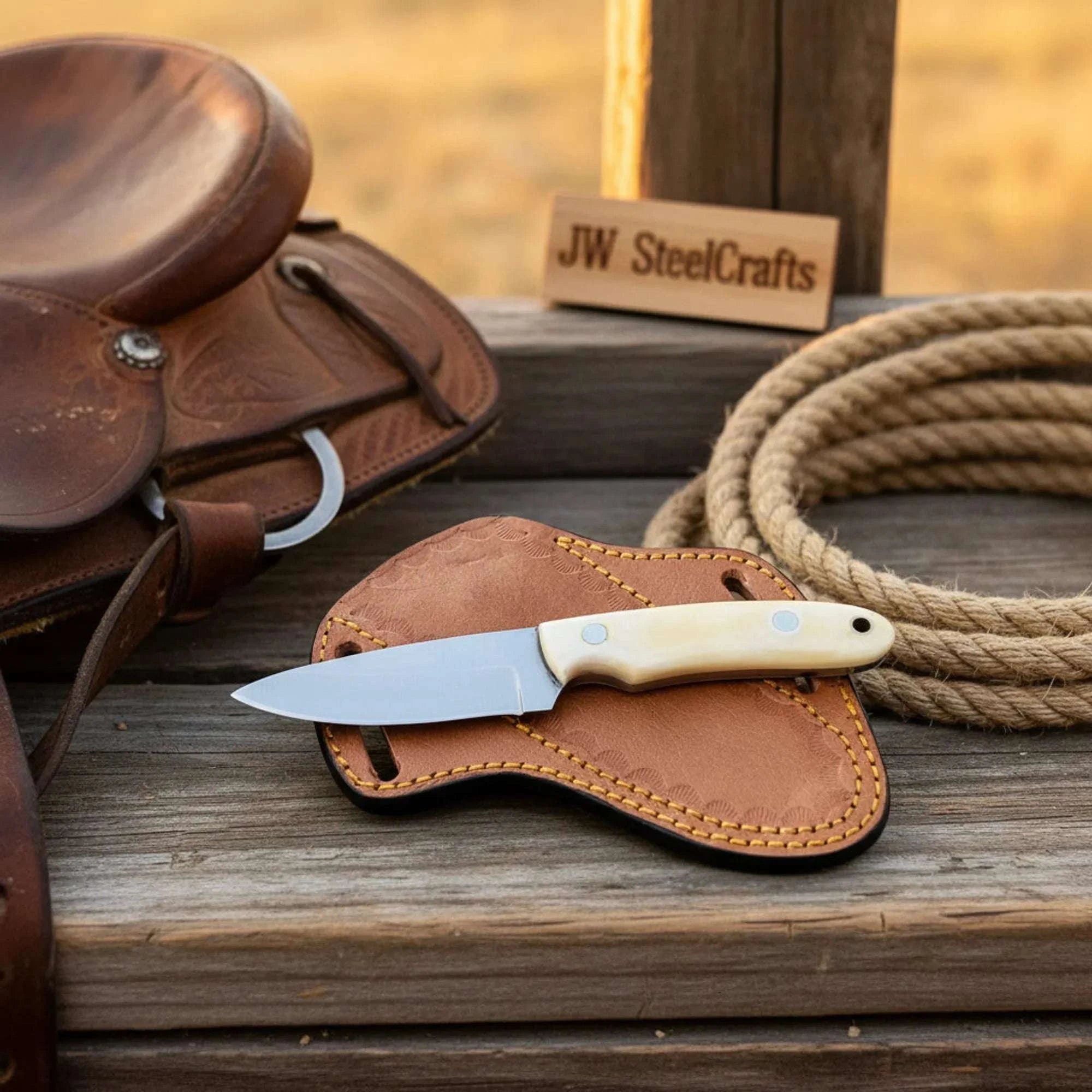 Palmarius Outdoors Cowboy EDC Skinner Knife Camel Bone Handle Full Tang Western Skinner Cross Draw Sheath 7" Skinner Knife