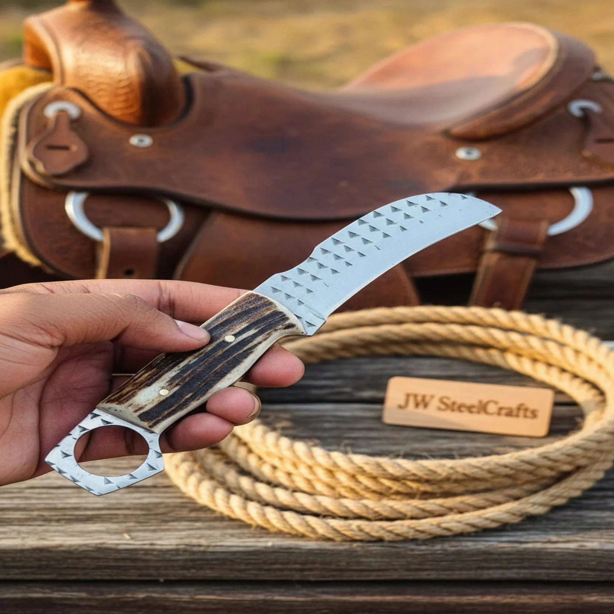 Palmarius Outdoors Rasp Steel Hawkbill Knife with Finger Ring Grip Hunting Knife